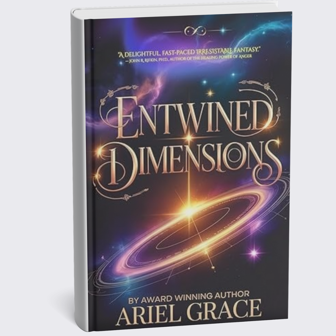 A book titled 'Entwined Dimensions' by Ariel Grace with a cosmic background featuring swirling galaxies and bright stars.