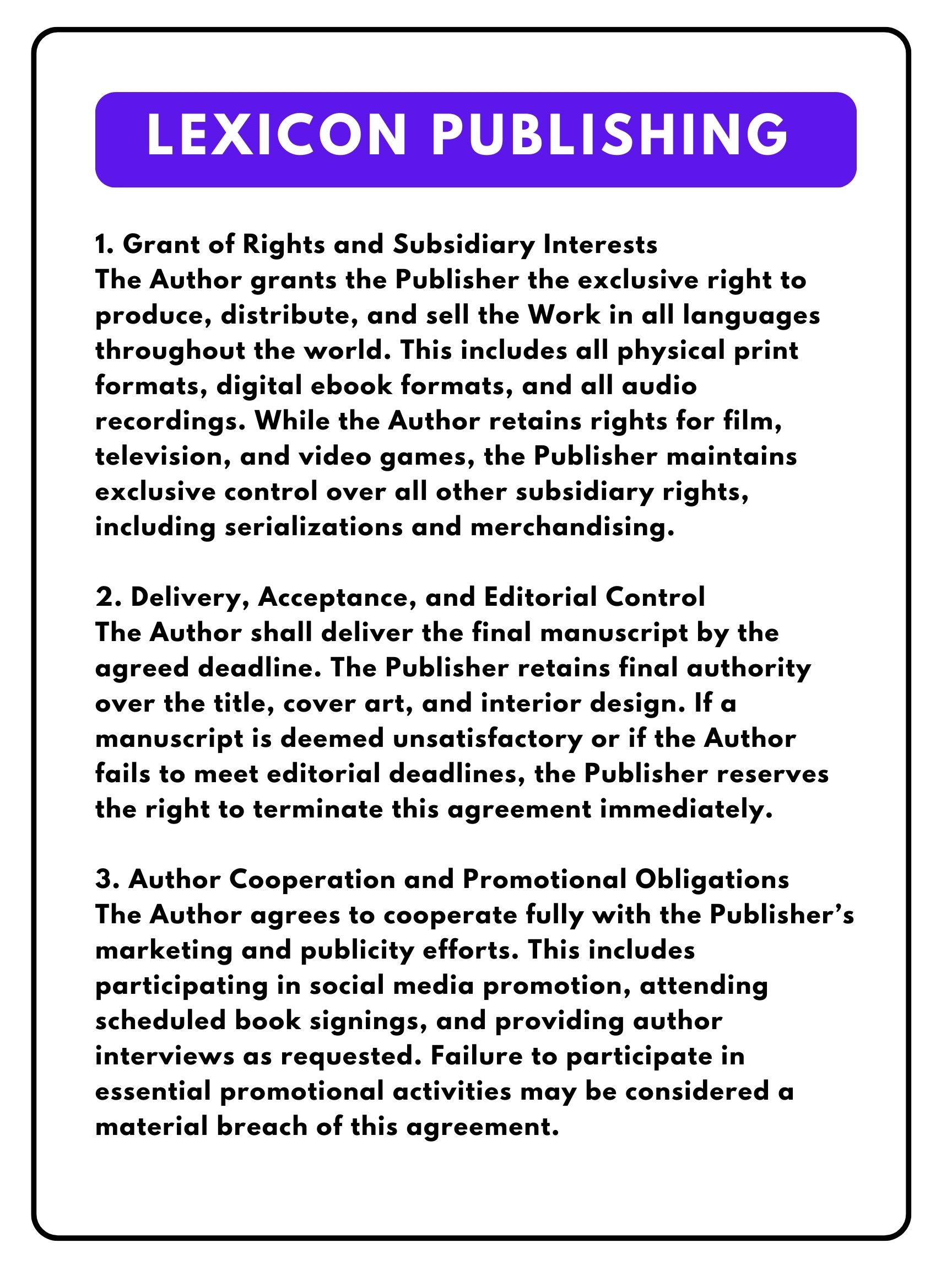 Terms from a publishing agreement document with the heading 'Lexicon Publishing' and three numbered clauses detailed in black text on a white background.
