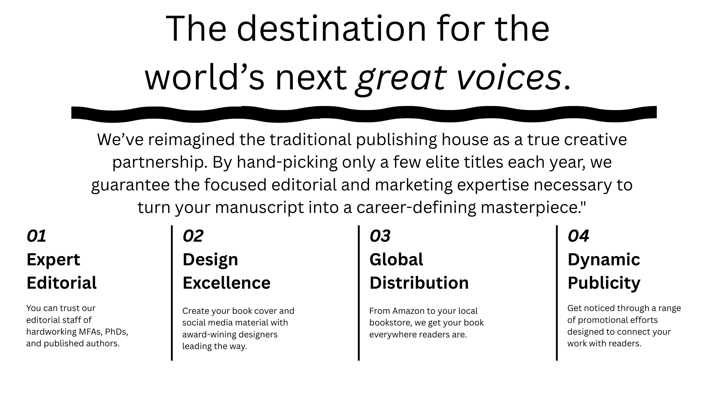 A black and white marketing flyer with the headline 'The destination for the world’s next great voices.' The flyer explains a publishing house partnership and highlights four key features: Expert Editorial, Design Excellence, Global Distribution, and Dynamic Publicity, each with brief descriptions.