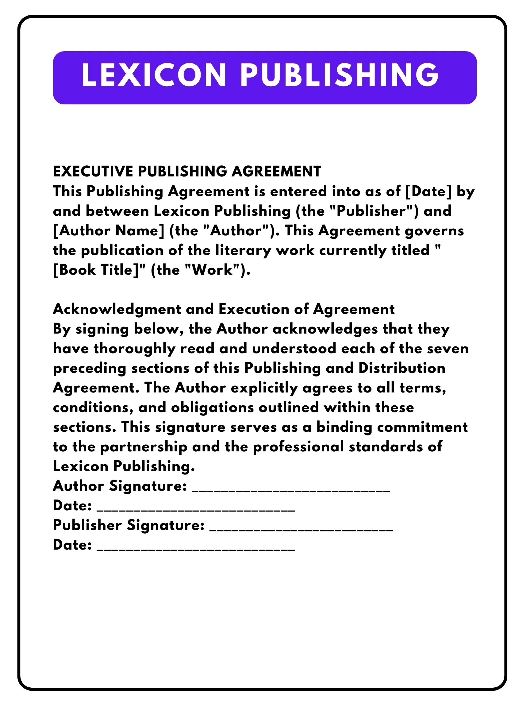 A publishing agreement form from Lexicon Publishing with sections for author and publisher signatures and dates.