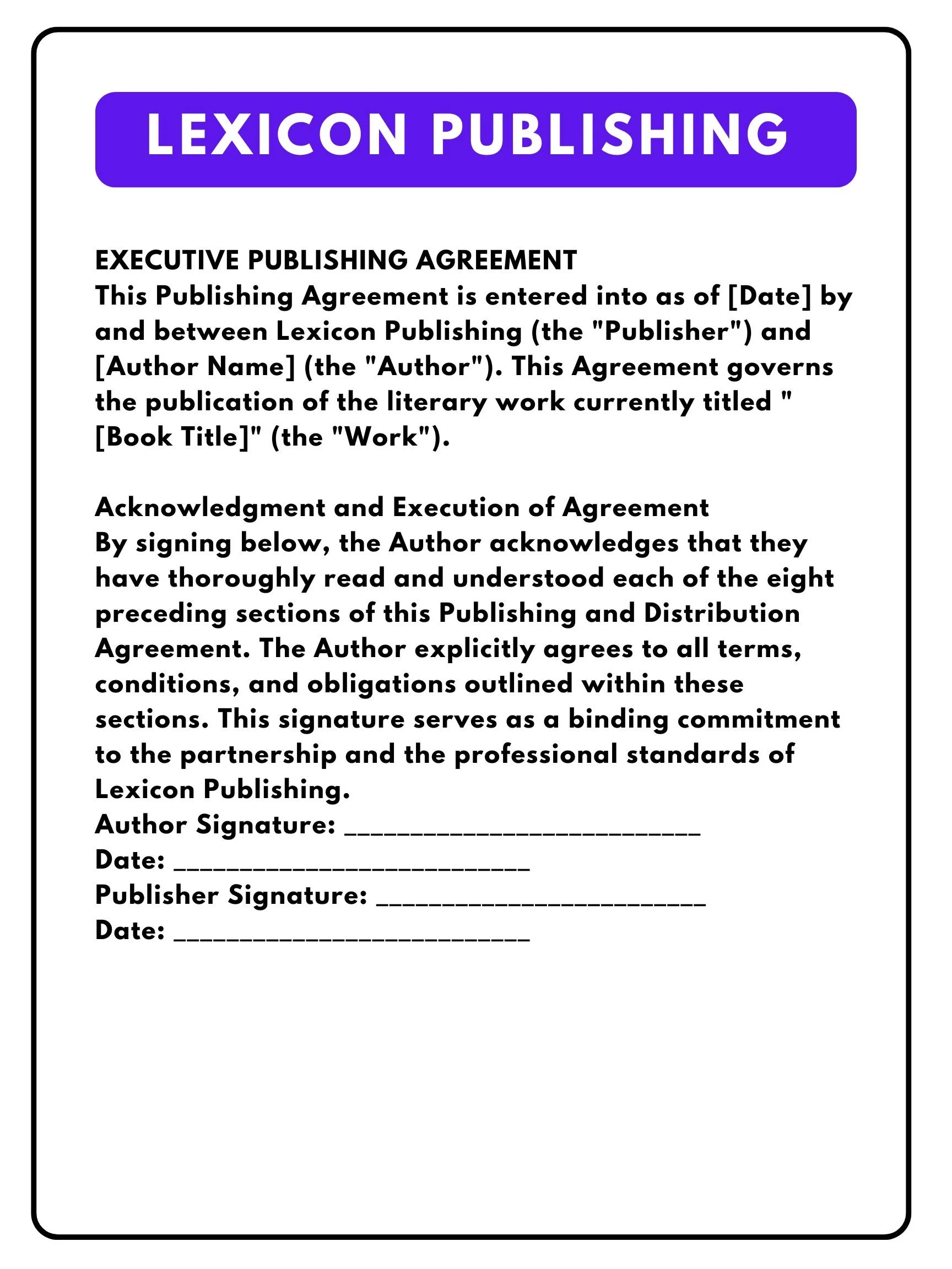 A digital image of a publishing agreement form titled "Lexicon Publishing" with spaces for signatures, dates, and acknowledgment statements for the author, publisher, and date.