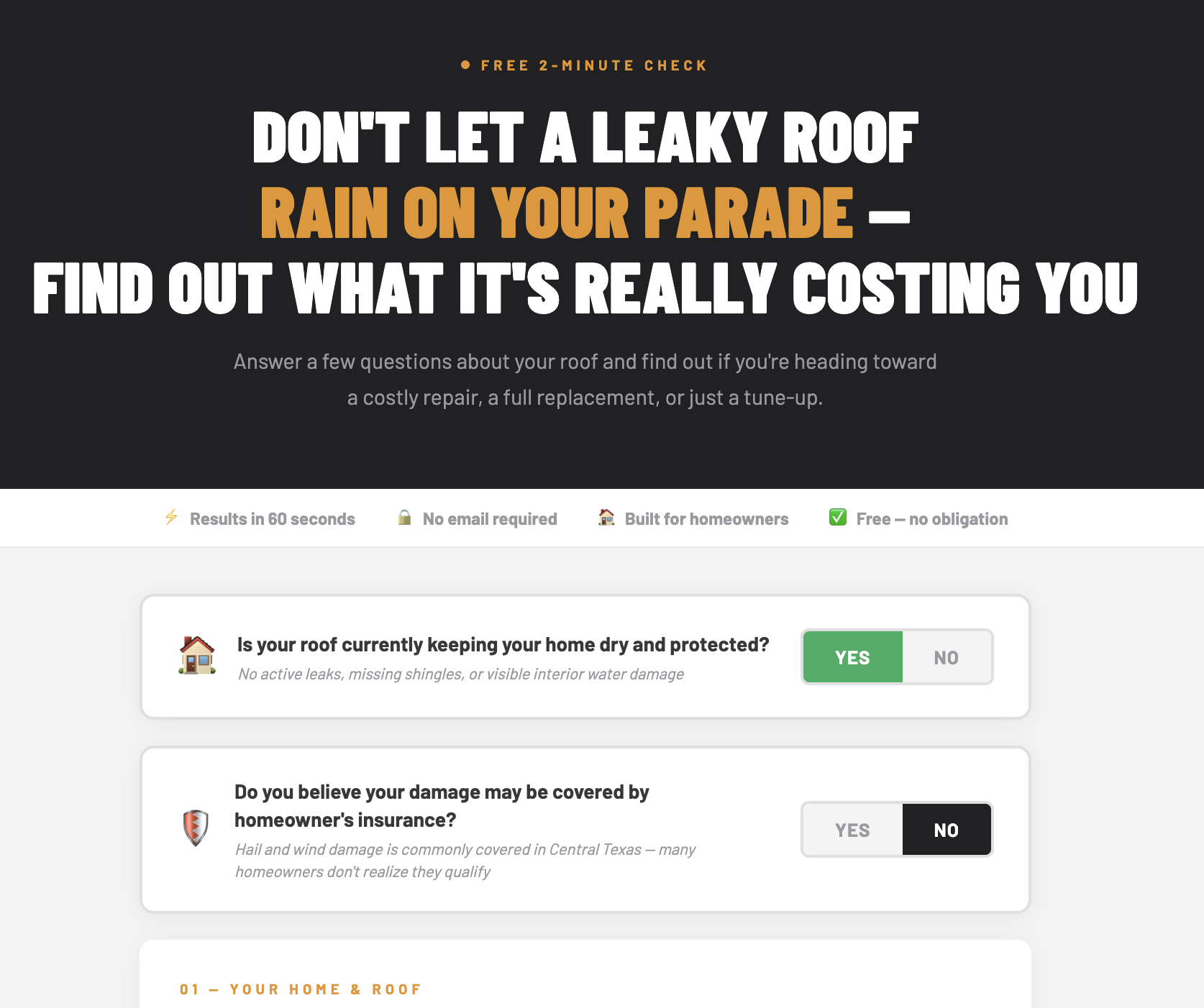 A webpage for a roofing inspection quiz, asking about roof maintenance and insurance coverage. Features options for answering questions about keeping the home dry and protected, and damage coverage.