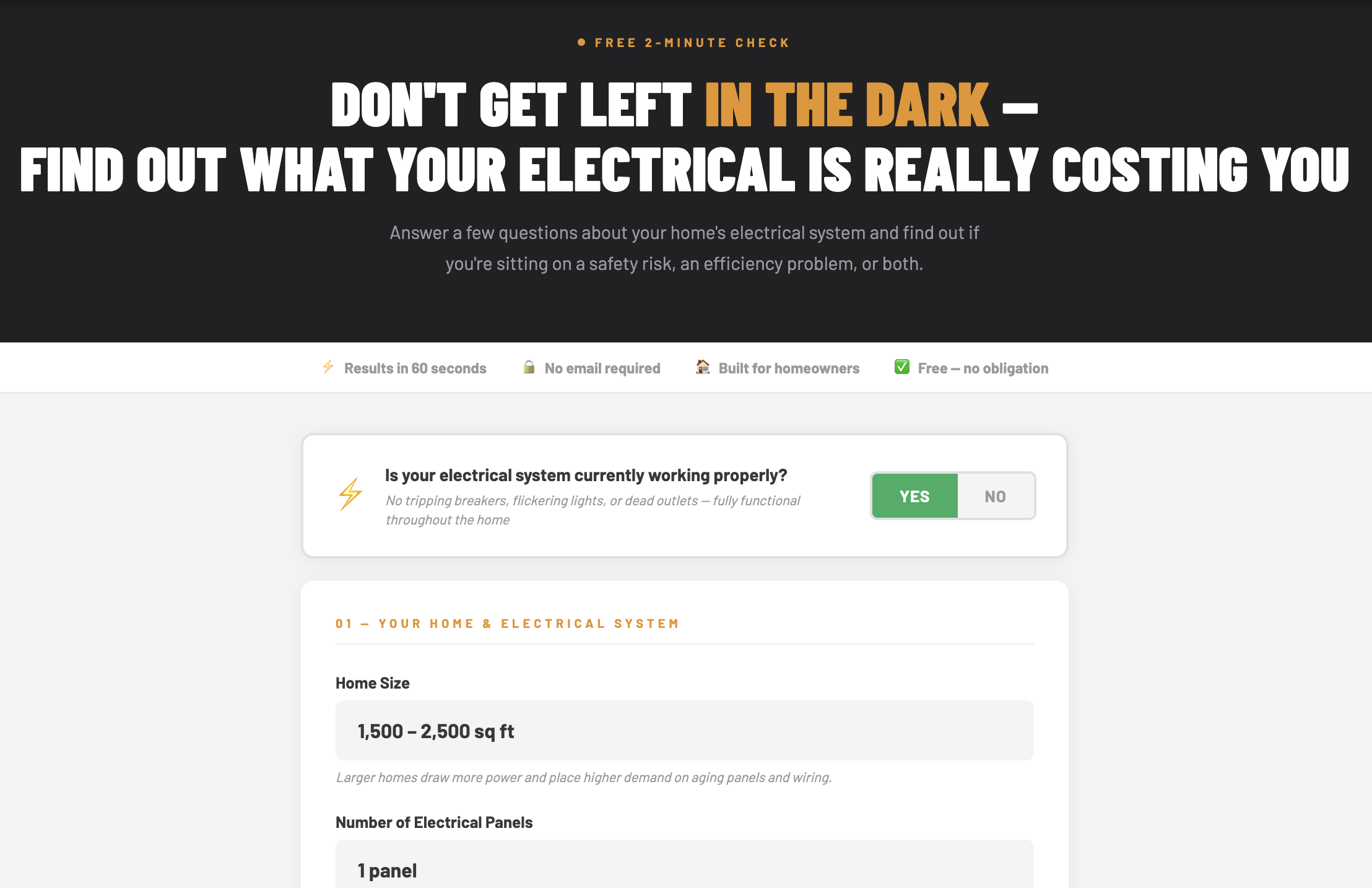 A webpage offering a home electrical safety check quiz titled 'Don't get left in the dark - Find out what your electrical is really costing you.' The page features questions about the home's electrical system, including a status indicator for proper functioning with options 'YES' or 'NO.' It lists home size as 1,500-2,500 sq ft and indicates one electrical panel.