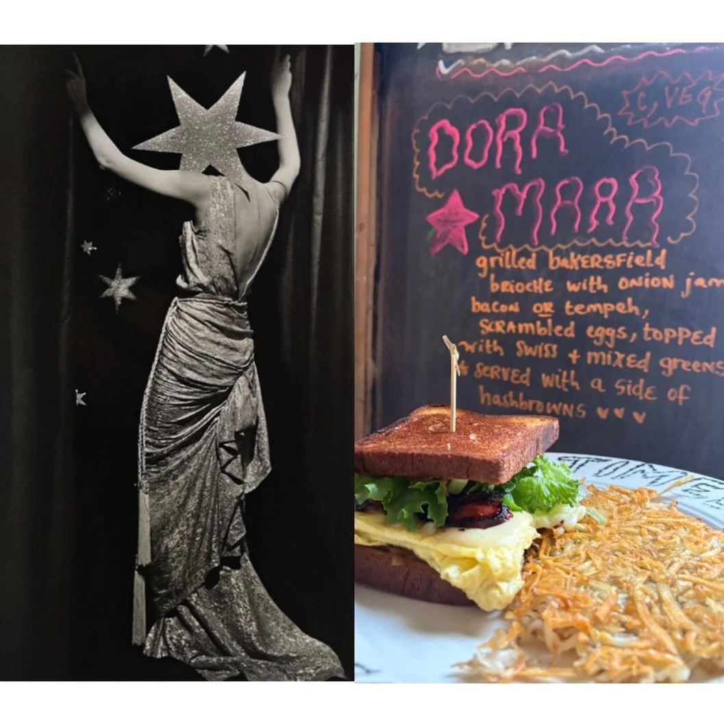 ✨DORA MAAR, an anti-fascist surrealist artist. ✨
Grilled Bakersfield brioche with onion jam, scrambled eggs with swiss, bacon or tempeh, mixed greens. Served with hashbrowns. 
💫🩷🌸🌛