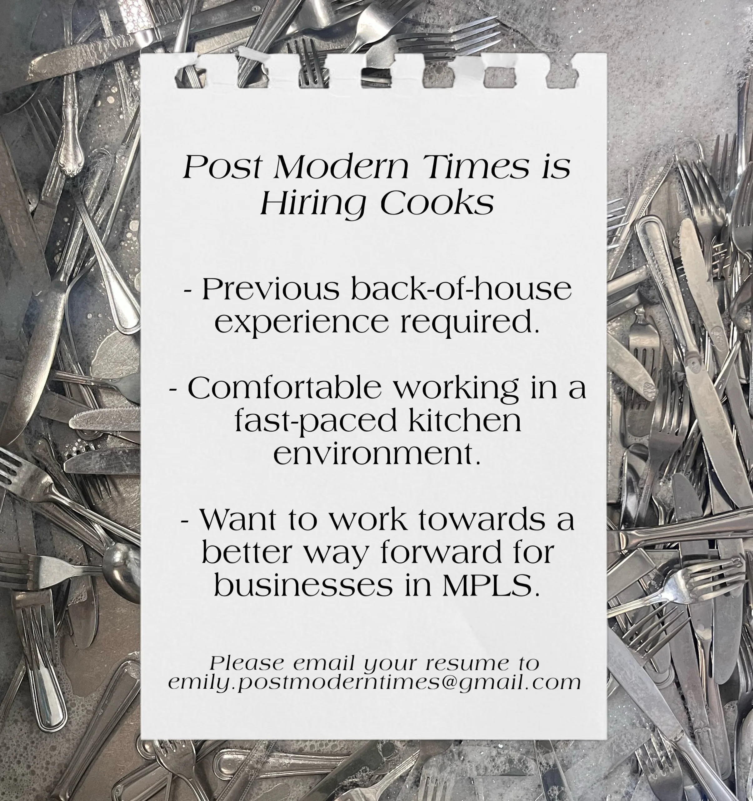 🌟 Post Modern Times is Hiring Cooks 🌟

- Previous back-of-house experience required.
- Comfortable working in a fast-paced kitchen environment.
- Want to work towards a better way forward for businesses in MPLS.

Please email your resume to emily.p