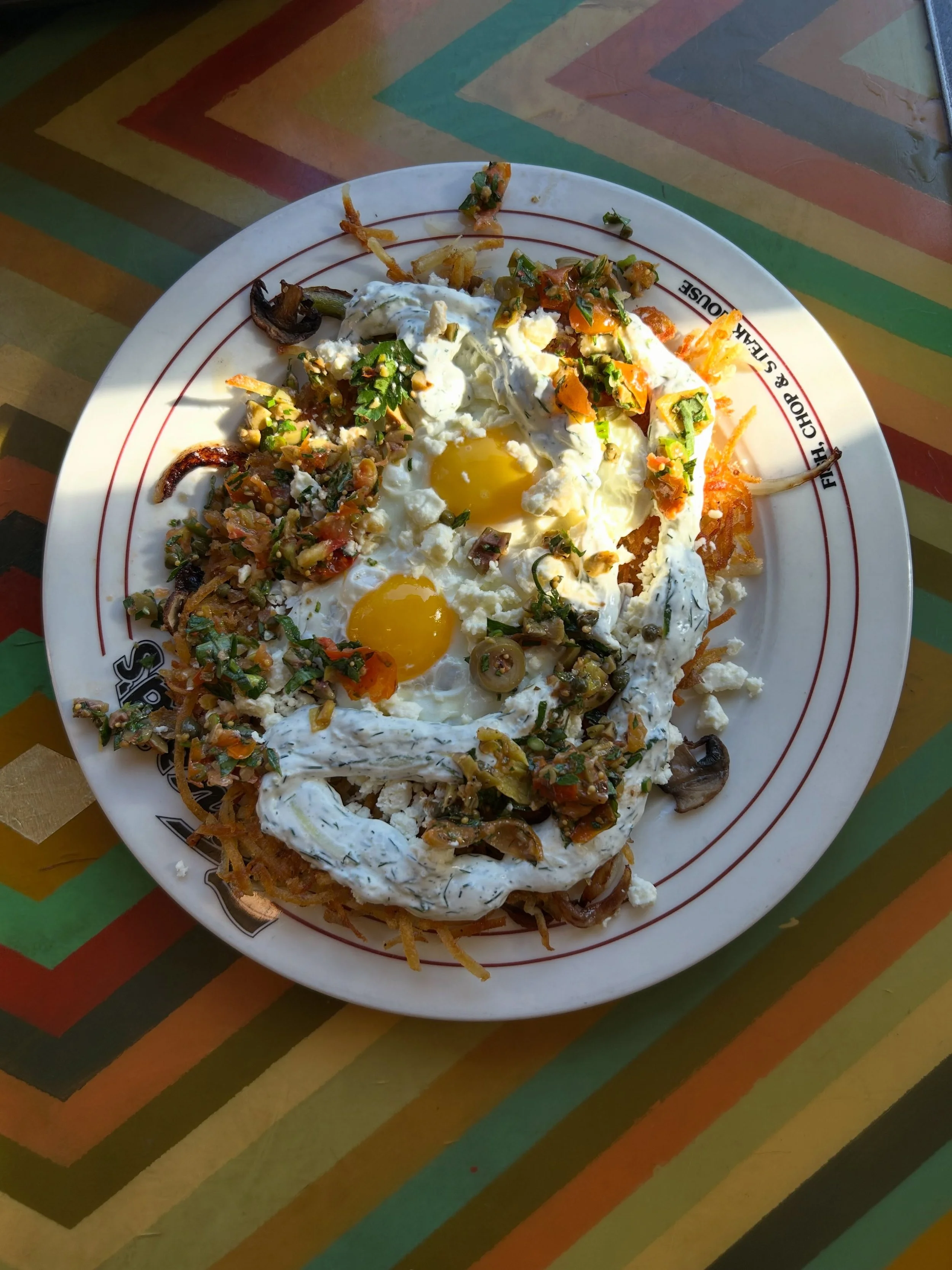 ⚡️GREECE LIGHTNING MCQUEEN⚡️

Whole hashbrown, feta, chunky seasonal olive tapenade, onions, mushrooms, green peppers, tzatziki 

It&rsquo;s a hot one y&rsquo;all, come in and enjoy the AC ☀️