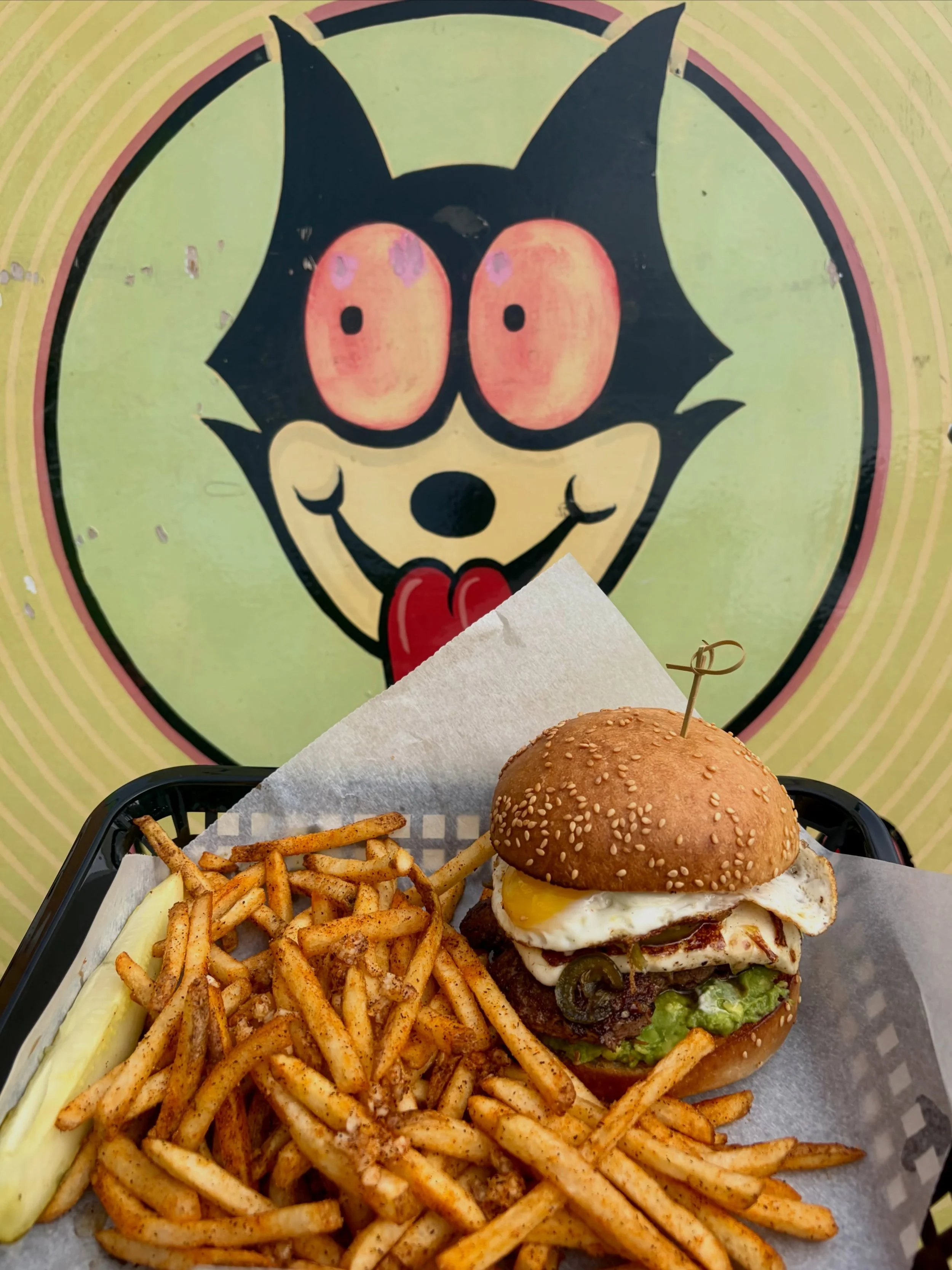 [CURRENT SPECIAL]
ENTER: 🌼BARBARA ANN BURGER🌼
A DELICIOUS PATTY OF CHOICE WITH POBLANO SOUR CREAM, AVOCADO SPREAD, QUESO, PICKLED JALAPE&Ntilde;OS, AND CHOICE OF A SUNNY EGG OR TOFU EGG&mdash;PLUS A SIDE OF GARLIC FRIES 💛