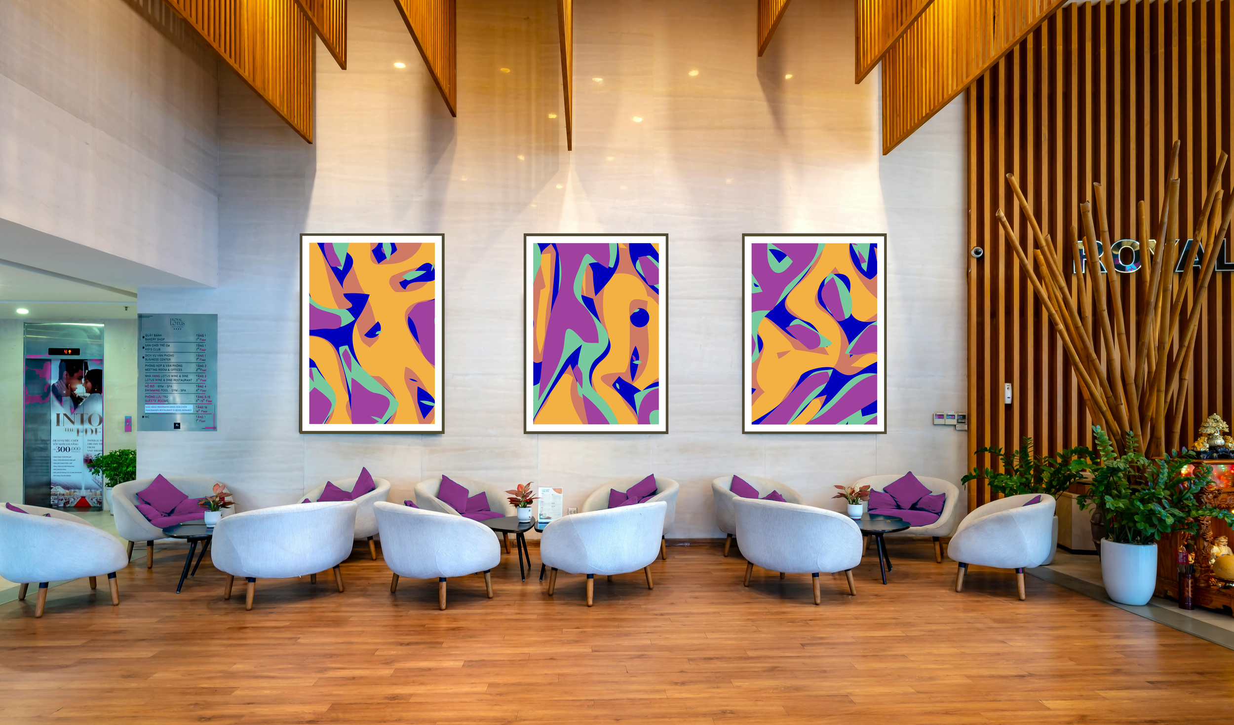 Mockup lounge, tryptich, abstract, organic, wall art
