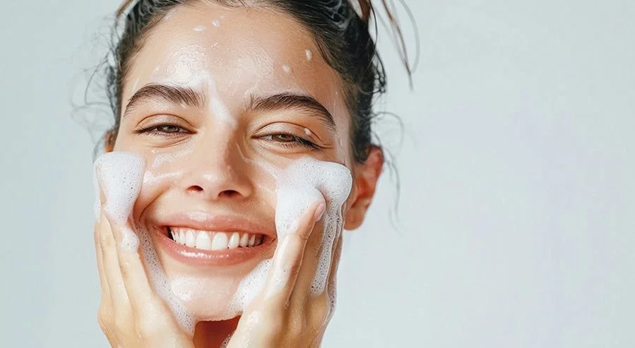 Una mujer sonriente aplicándose jabón en la cara para lavar su rostro.