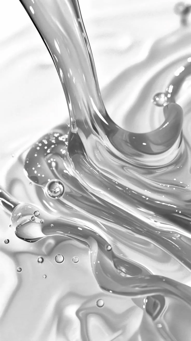 Fluidos metálicos en movimiento con burbujas y ondas en tonos gris.