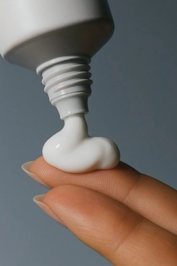Un dedo con crema blanca saliendo de un tubo de plástico.