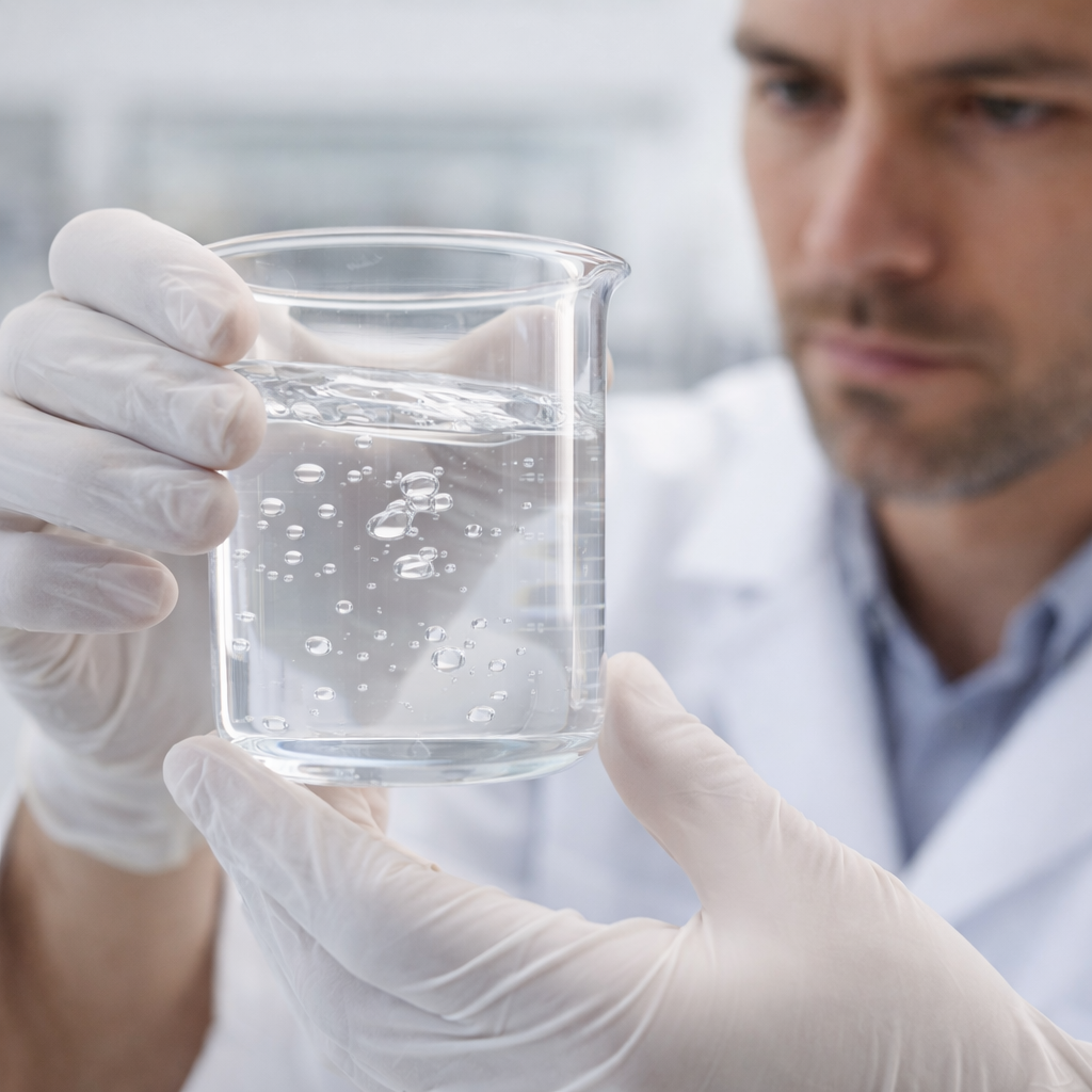 Científico con guantes observando un vaso de precipitados con agua y burbujas.