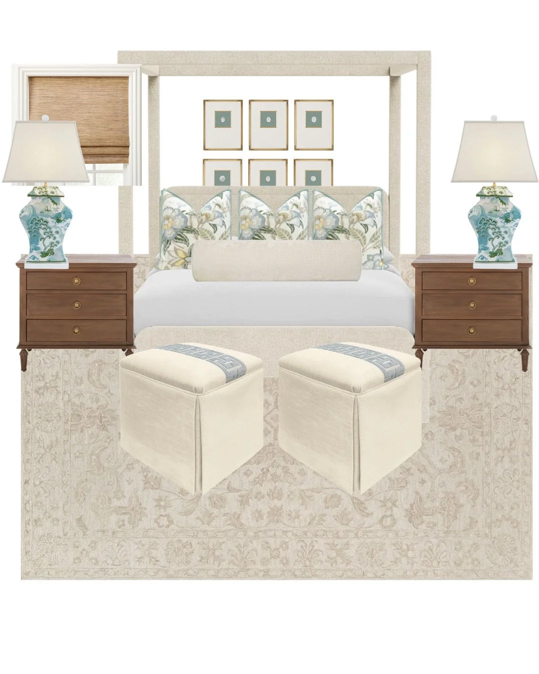 A bedroom with a large bed, floral pillows, two wooden nightstands with ceramic lamps, framed wall art, and cream-colored stools.