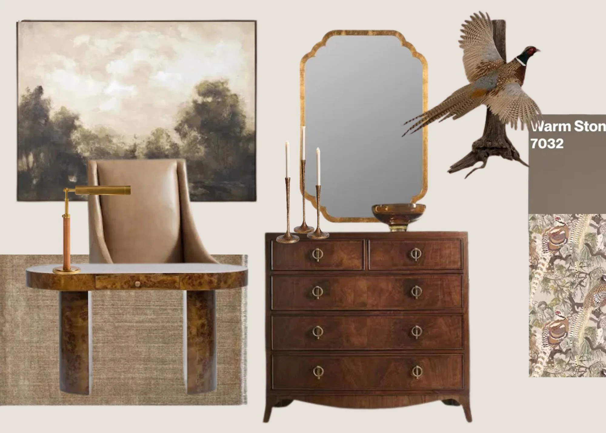 Interior design collage featuring a large landscape painting, a beige leather chair, a wooden desk with a gold lamp, a vintage wooden dresser with a mirror, three tall candlesticks, a wooden bowl, a mounted pheasant bird, and patterned wallpaper samp