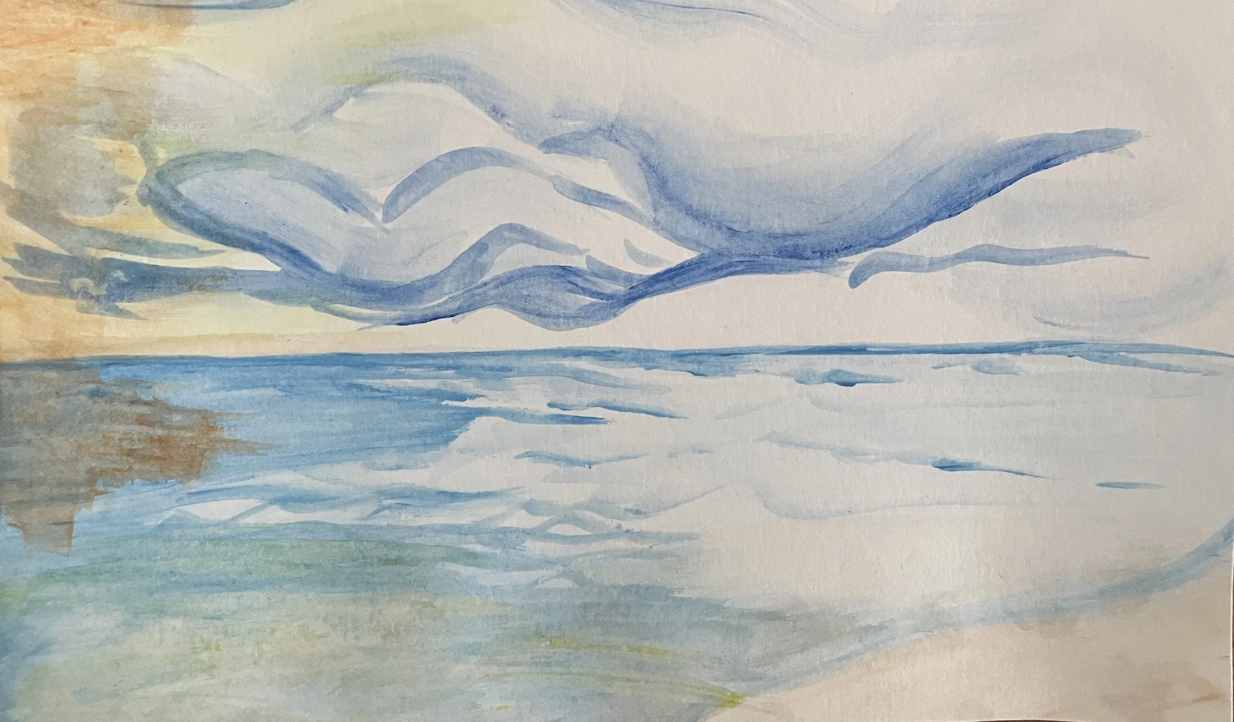 A watercolor painting depicting a calm ocean with gentle waves under a sky with blue and light pastel clouds that is the back cover for I'm A Ferrai Baby, by Gail M. Billman. 