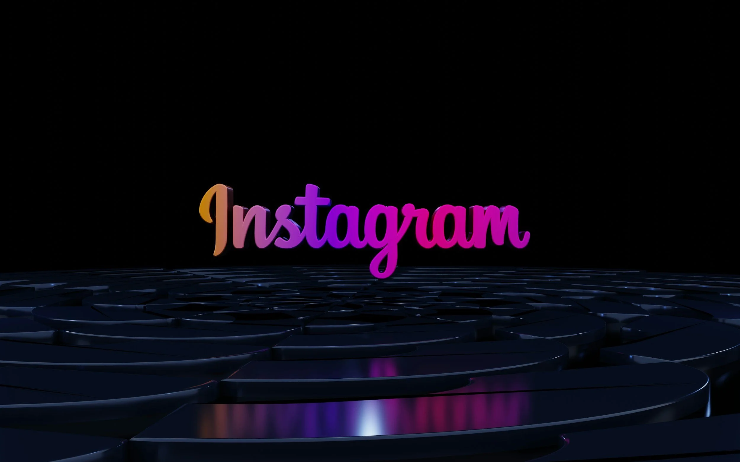 3D neon sign spelling 'Instagram' in pink and purple, placed on a dark, reflective surface with textured circular pattern.