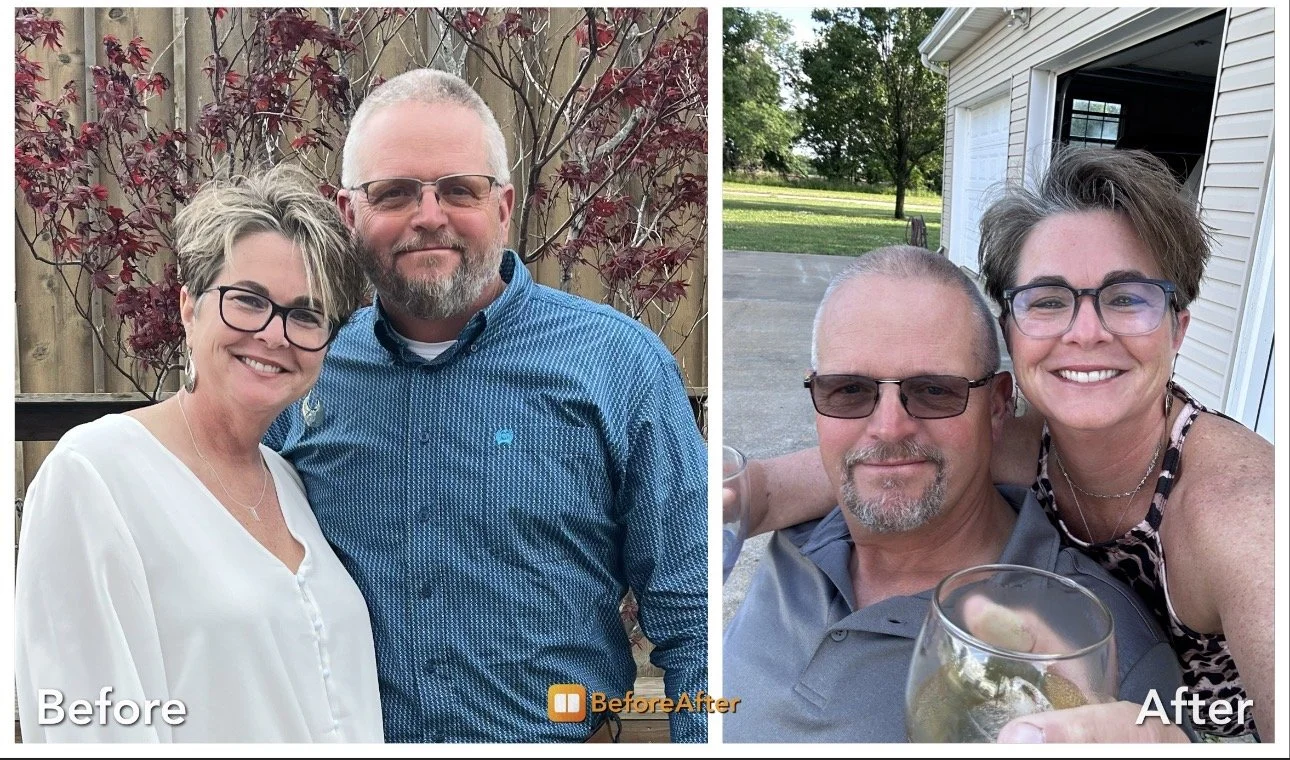 Side-by-side photos of Gail and Phillip Billman before and after Gail's treatments. They are standing outdoors in front of a wooden fence with reddish leaves, smiling at the camera.