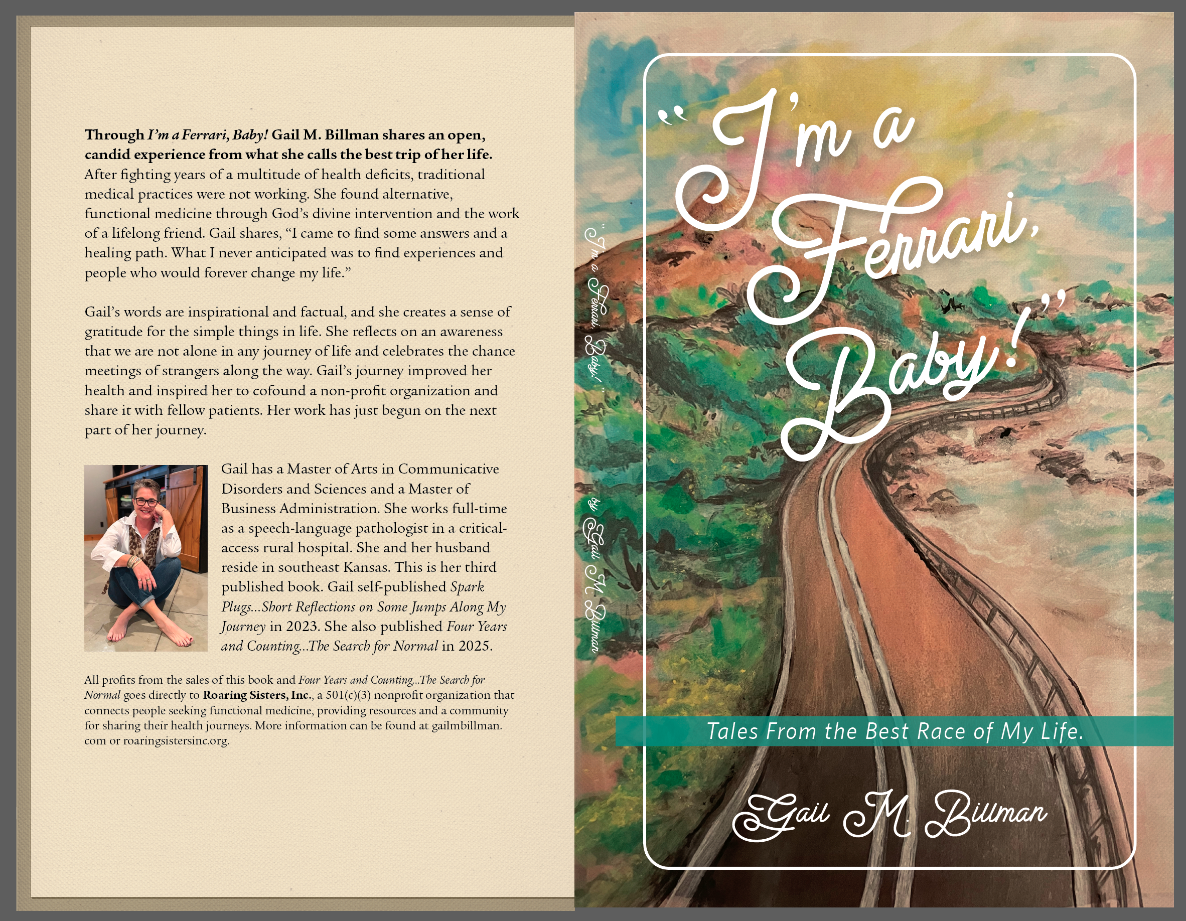 Cover page of a book titled 'I'm a Ferrari, Baby!' by Gail M. Billman, featuring a colorful abstract painting of a winding road through mountains with trees and bushes, with the subtitle 'Tales From the Best Race of My Life.'