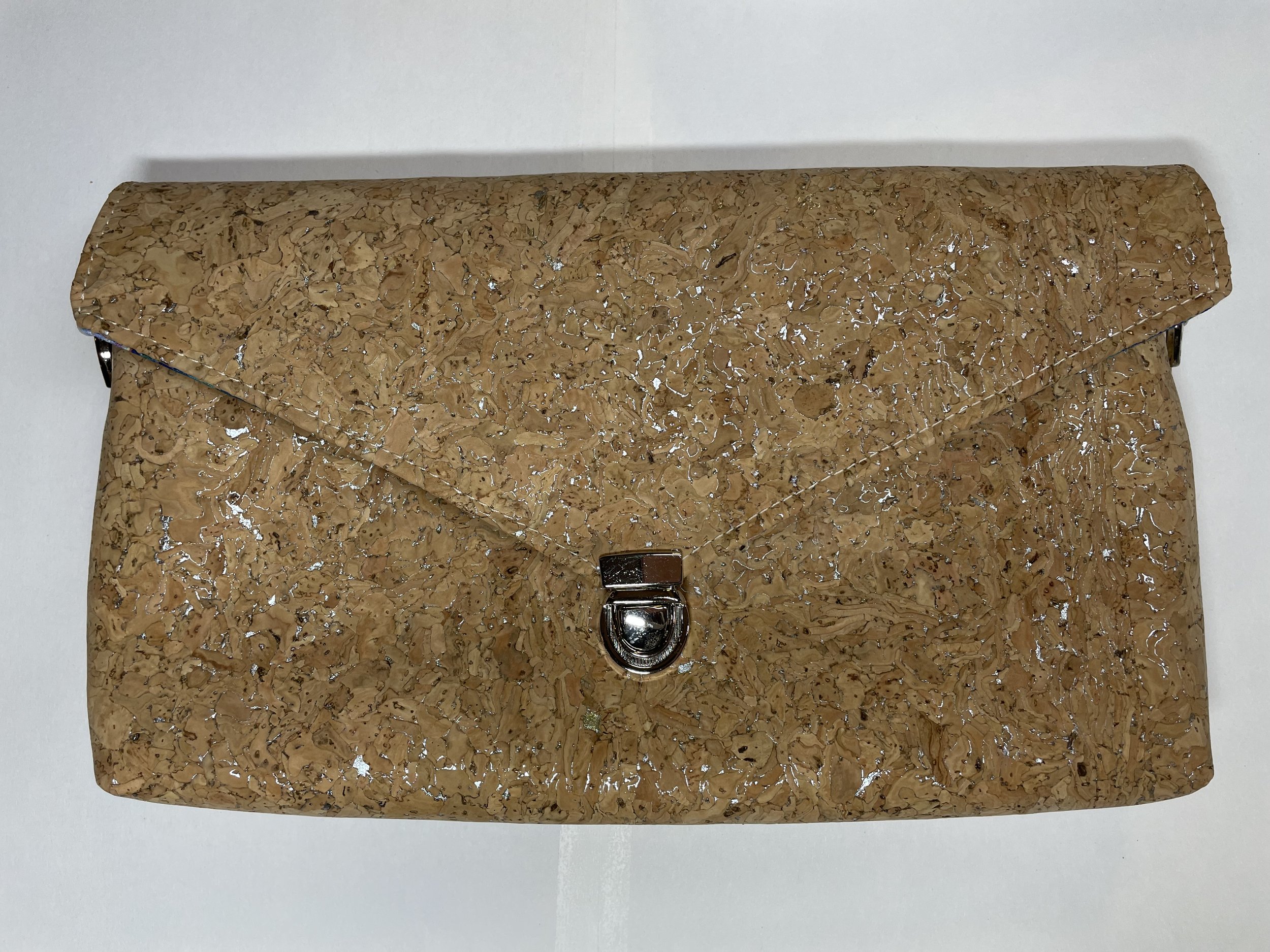 Eco Chic Cork Clutch Purse with Silver Lightning on Natural Cork