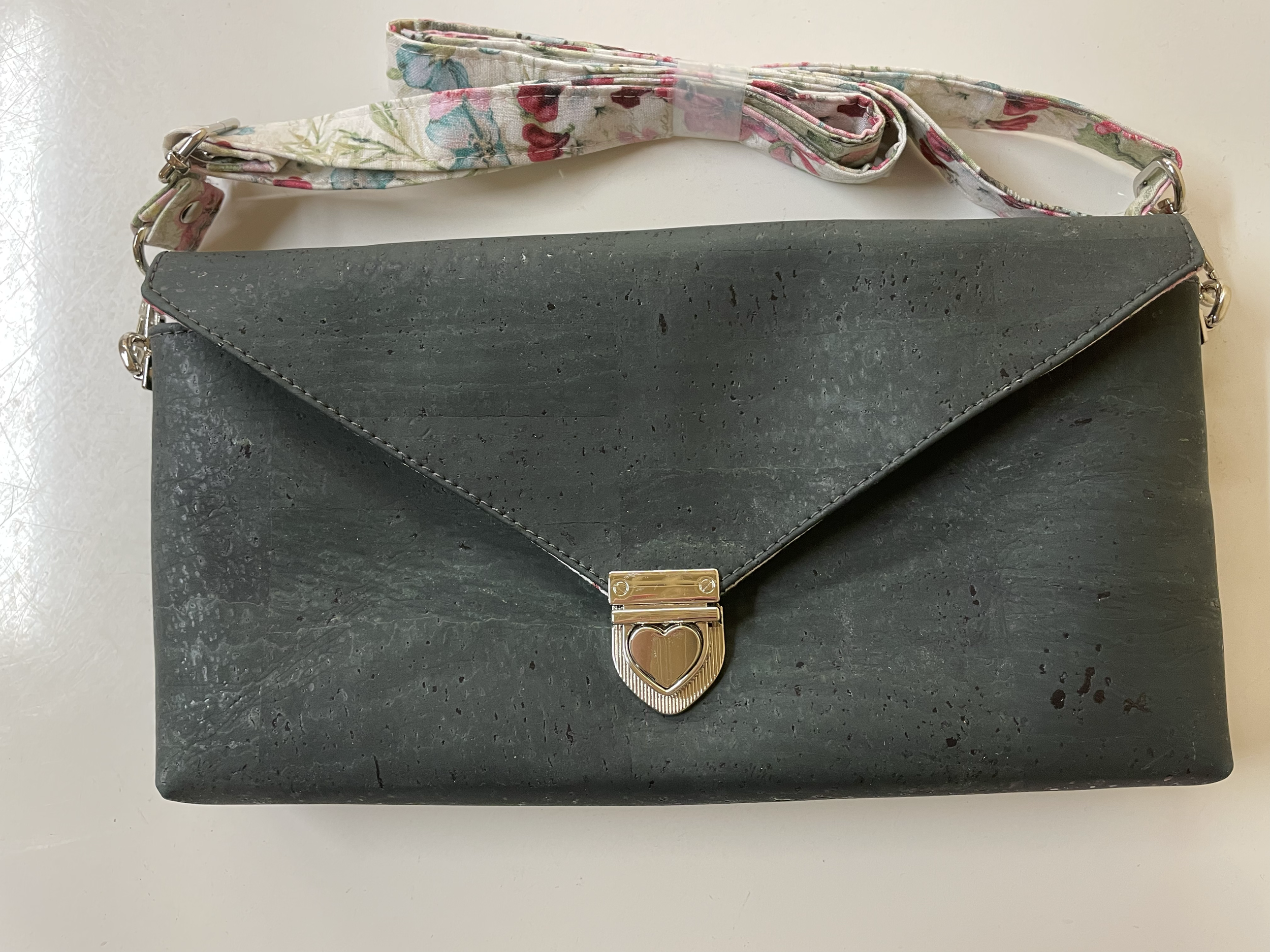 Cork Envelope Clutch - Black cork with with Floral Lining