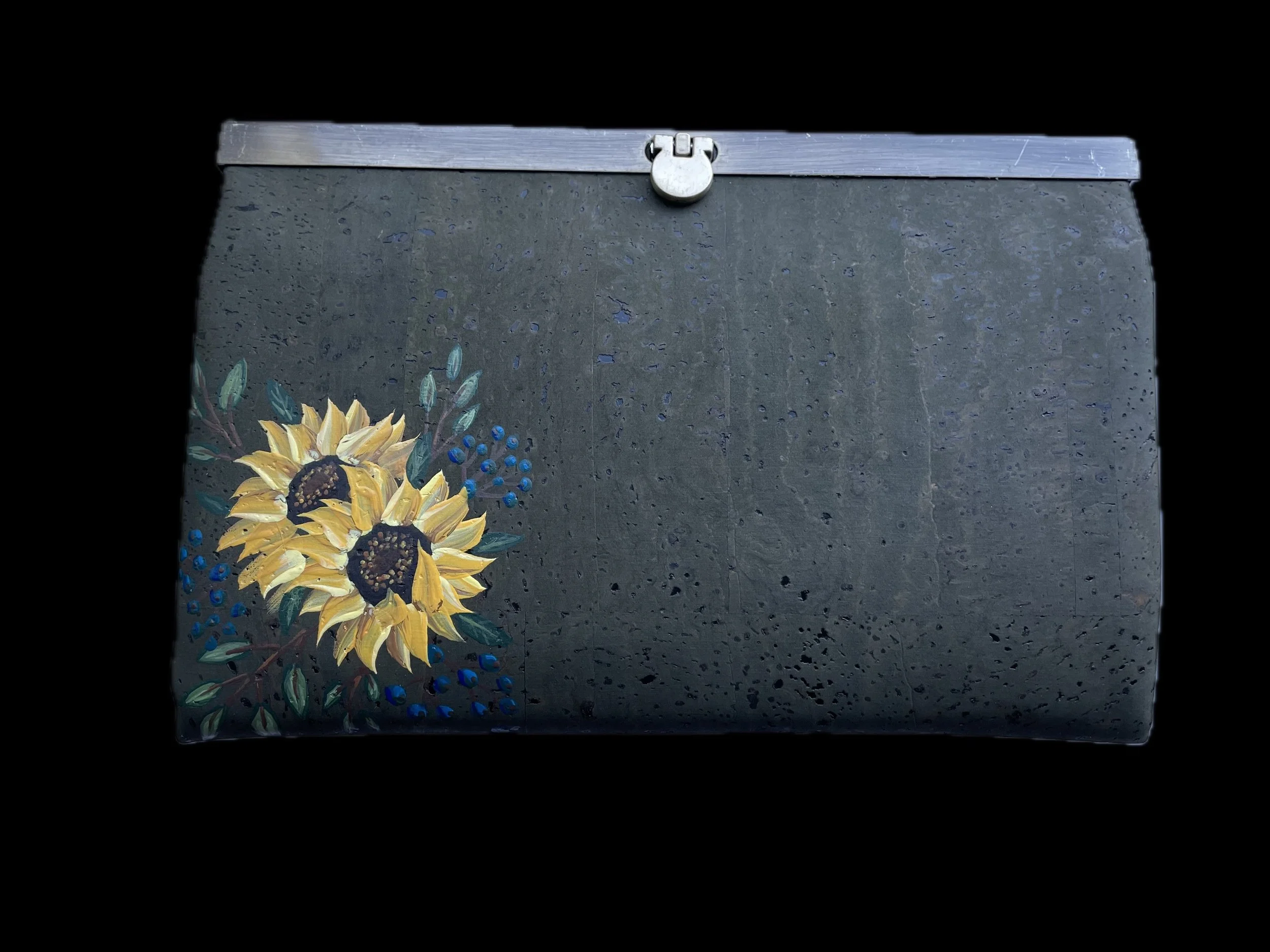 Handpainted Bar Clasp Cork Wallet- Olive Green with Sunflowers