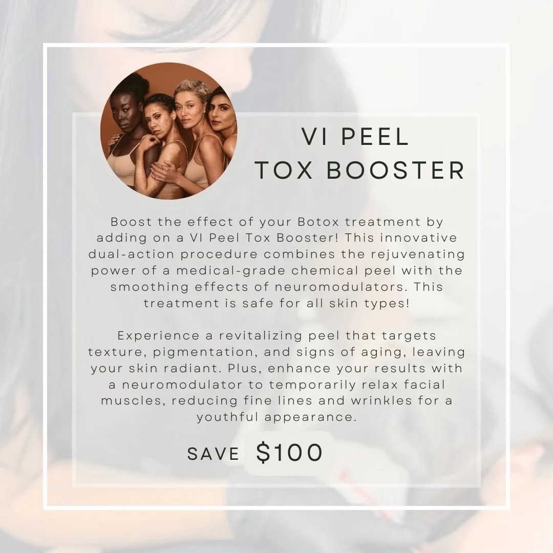 Advertisement for VI Peel Tox Booster treatment, featuring a group of diverse women with radiant skin and a promotion to save $100.