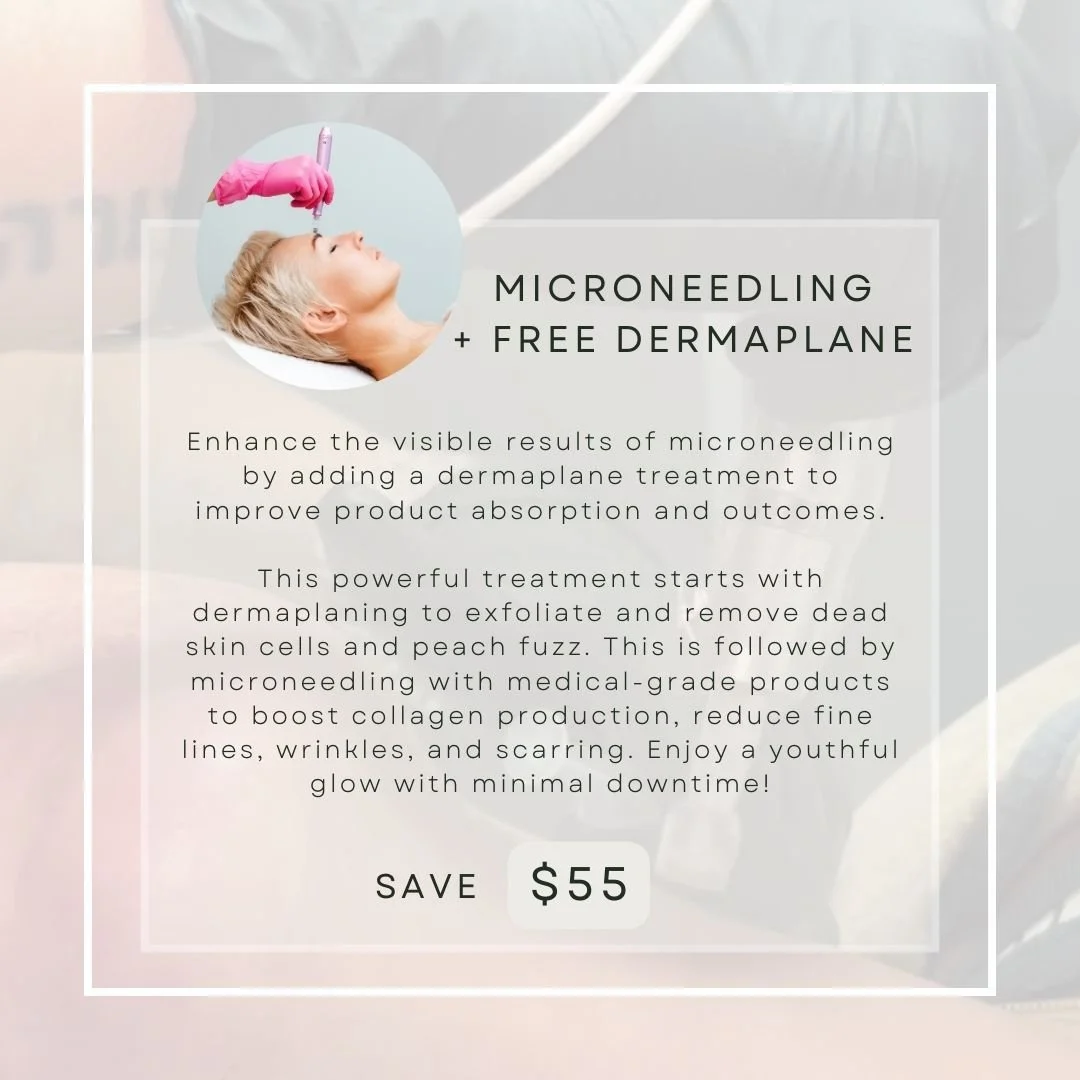 Advertisement for microneedling and free dermaplane treatments, showing a woman receiving a facial treatment with a tool on her face, and a text overlay describing the benefits and discount offer.