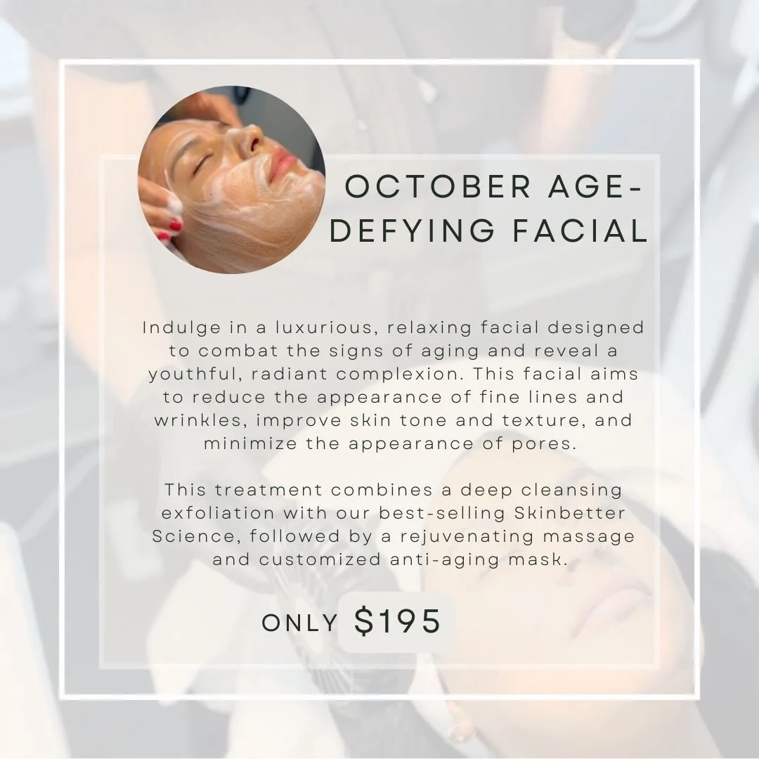 An advertisement for an October age-defying facial treatment showing a woman with her eyes closed, receiving a facial massage. The ad highlights luxury skincare benefits for a youthful, radiant complexion, priced at $195.