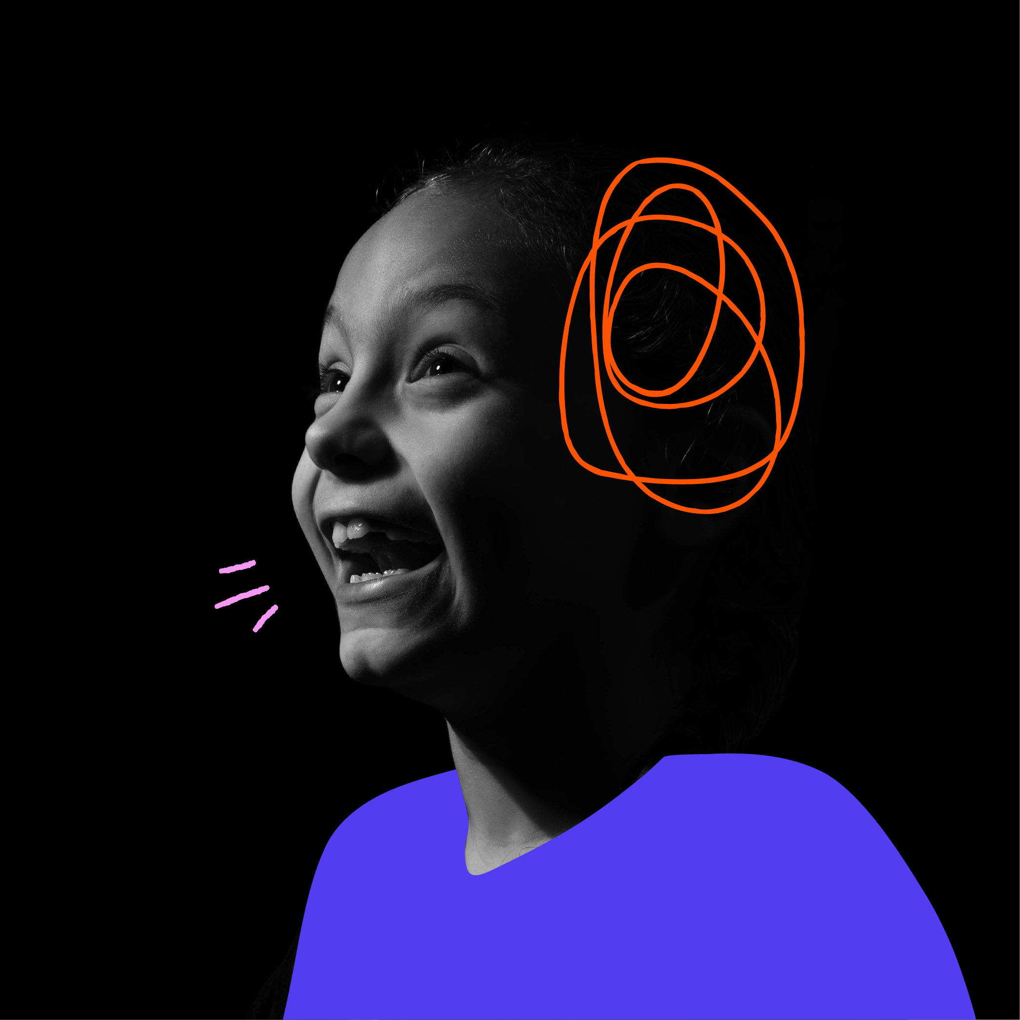 Jeune fille souriante avec des dessins colorés autour de la tête, sur un fond noir.