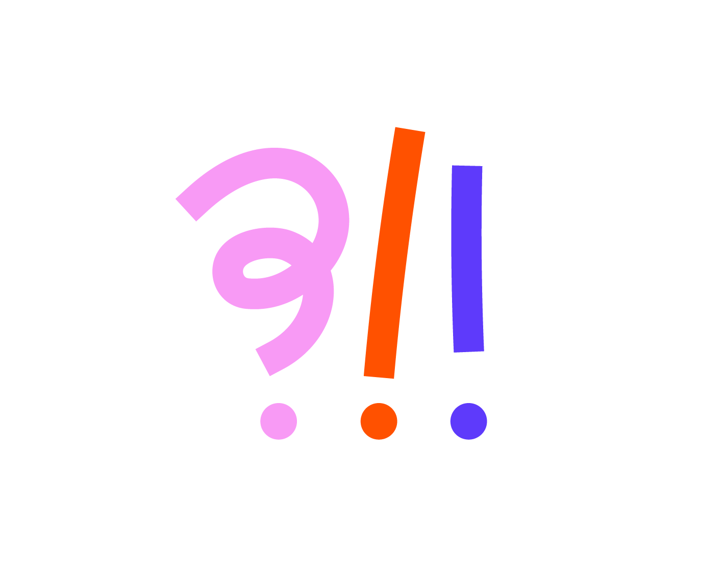 Un symbole d'interjection en forme de point d'exclamation avec un point d'interrogation et un point, tous colorés en violet, orange et bleu, respectivement.