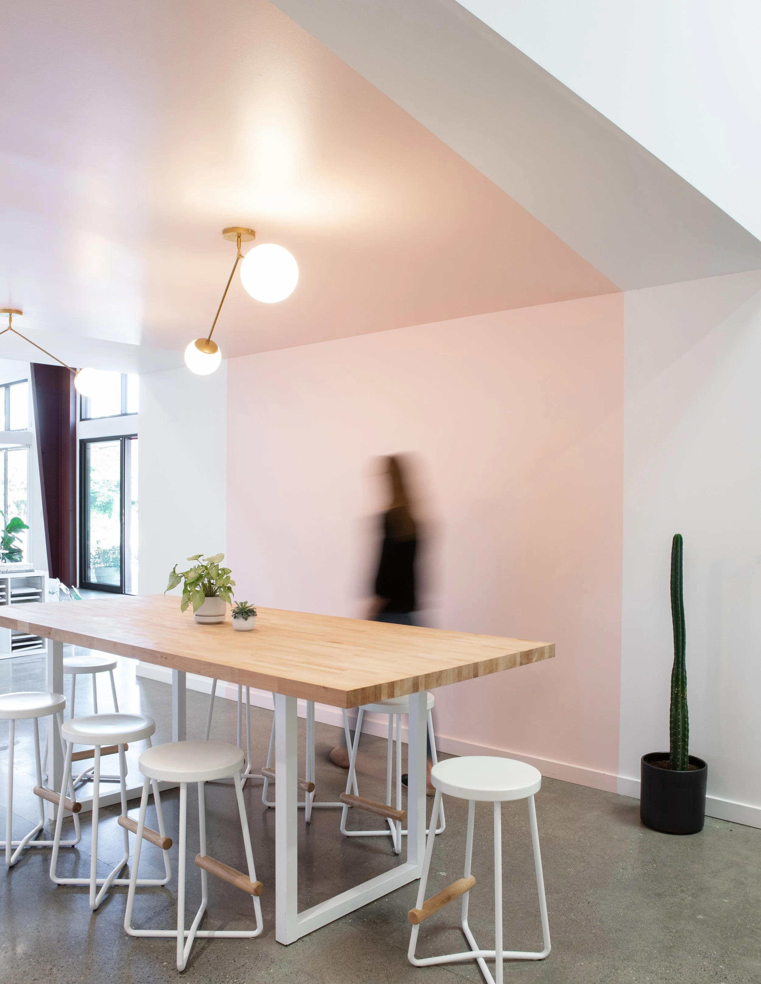 Modern dining area with a wooden table, white stools, plants, large windows, and a tall potted cactus in a black pot.