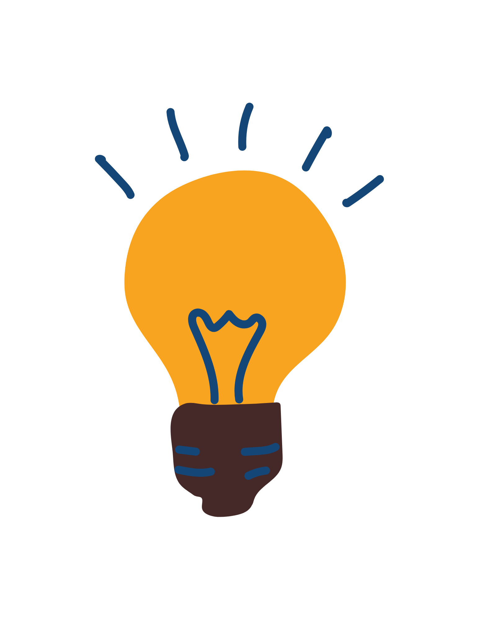 A cartoon illustration of a light bulb with a yellow glow, a brown base, and blue accents, representing an idea or creativity.