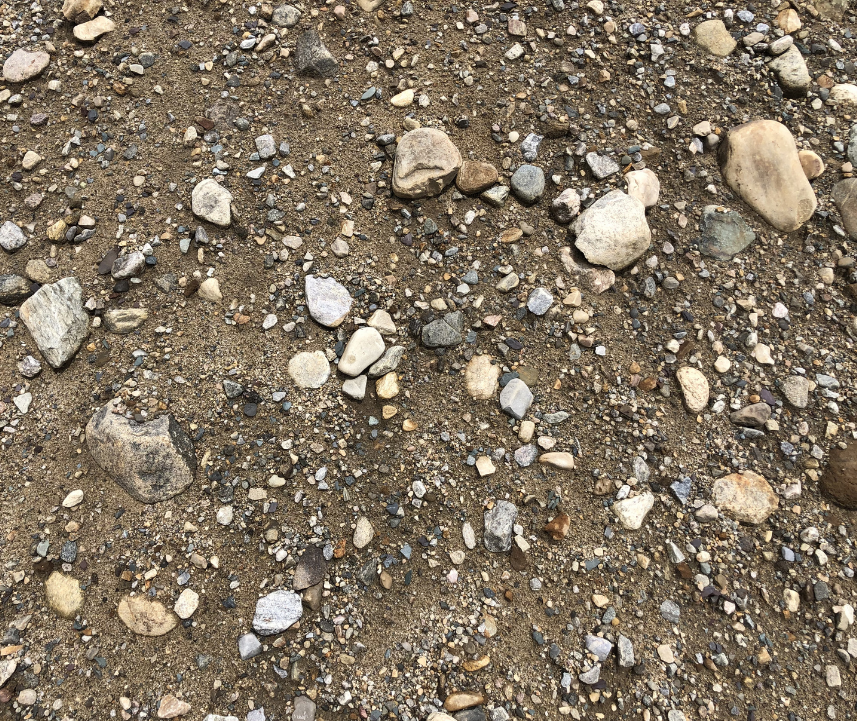 Close-up of sandy ground with various small and medium-sized rocks and pebbles scattered across the surface.