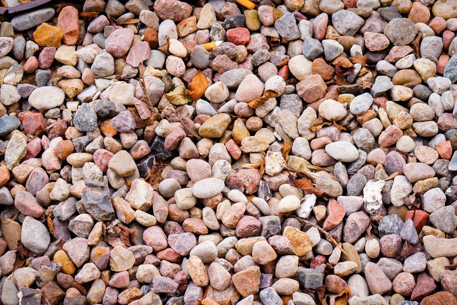 Variation of small, rounded, and angular gravel stones in different colors including shades of pink, brown, gray, and tan, scattered on a surface with some dried leaves and small twigs.