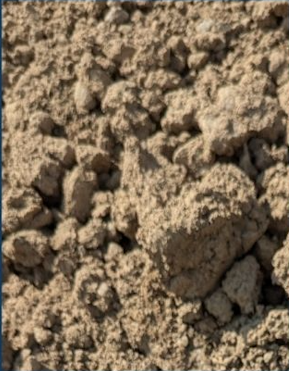 Close-up of dry, loose soil or dirt with small clumps and particles.