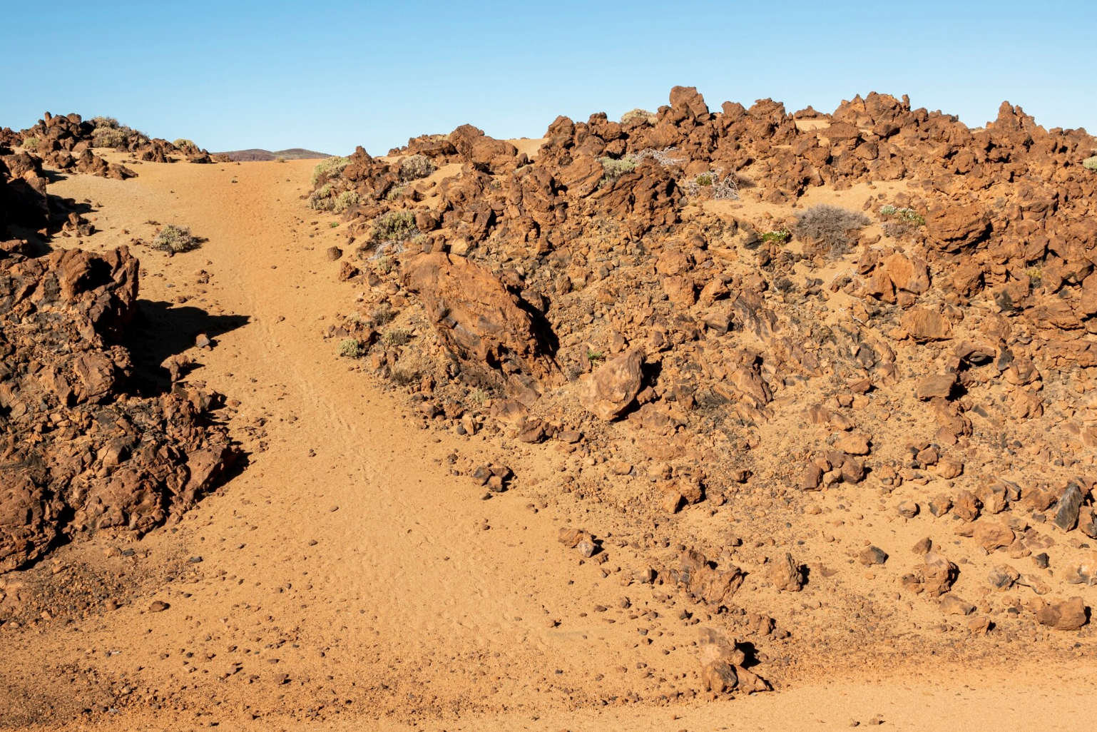 Desert landscape with sandy trail and rocky formations under clear blue sky.
