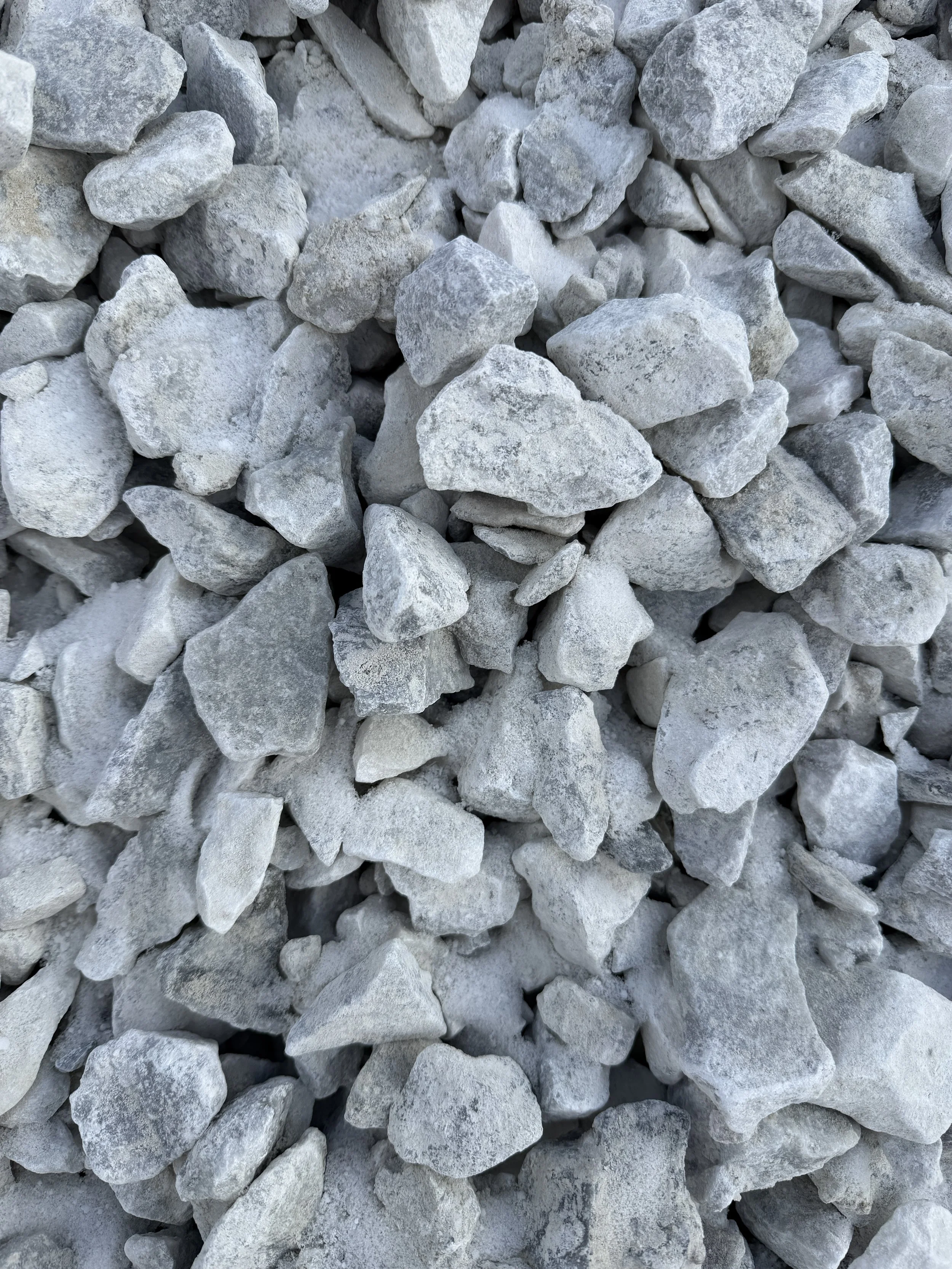 Close-up view of gray and white rocks of various sizes and shapes.