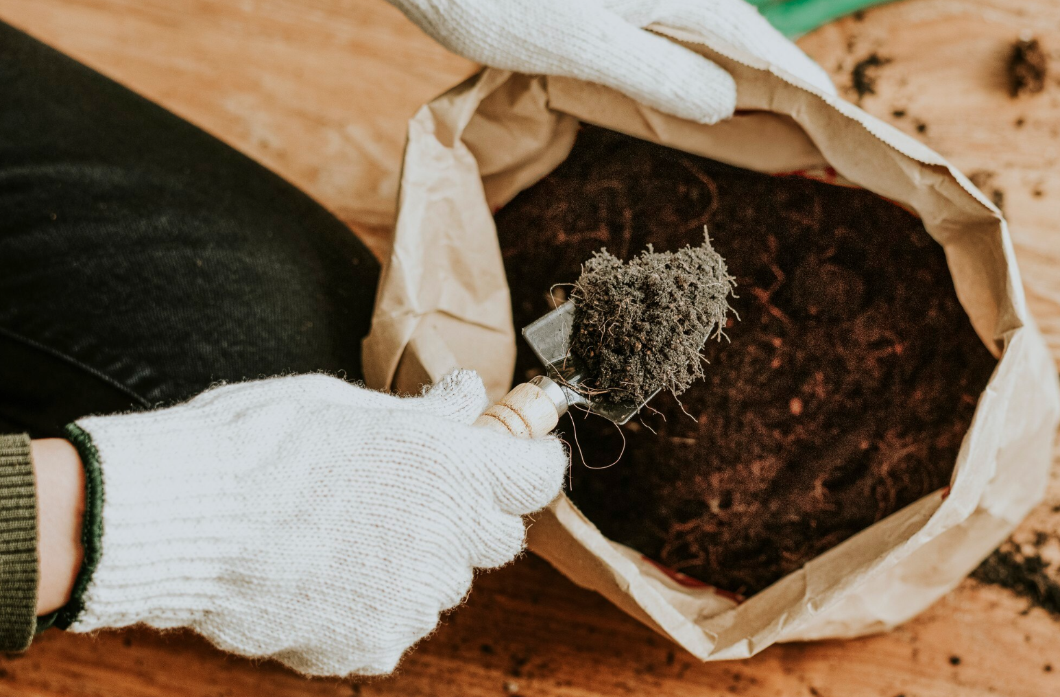 Person wearing white gloves using a hand tool to break up soil inside a paper bag on a wooden surface.