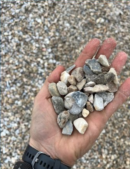 A person's hand holding small, uneven gray and white rocks over a gravelly ground.
