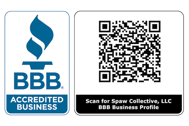 BBB Accredited Business logo with a flame symbol and a QR code next to a prompt to scan for Spawn Collective, LLC BBB Business Profile.