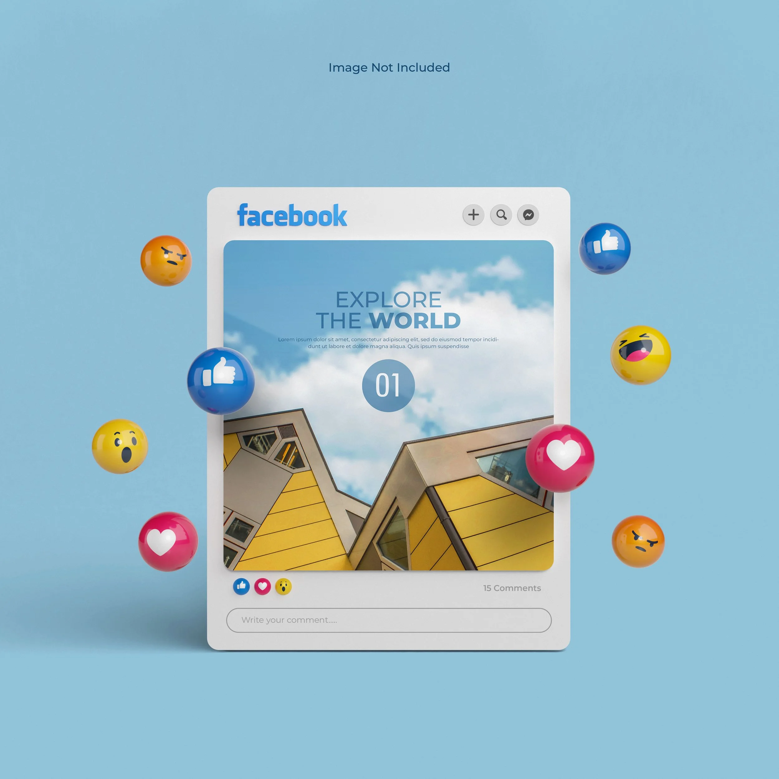 Digital illustration of a Facebook social media post on a blue background with floating emoji reactions including thumbs up, heart, laughing face, surprised face, and angry face, surrounding the post.