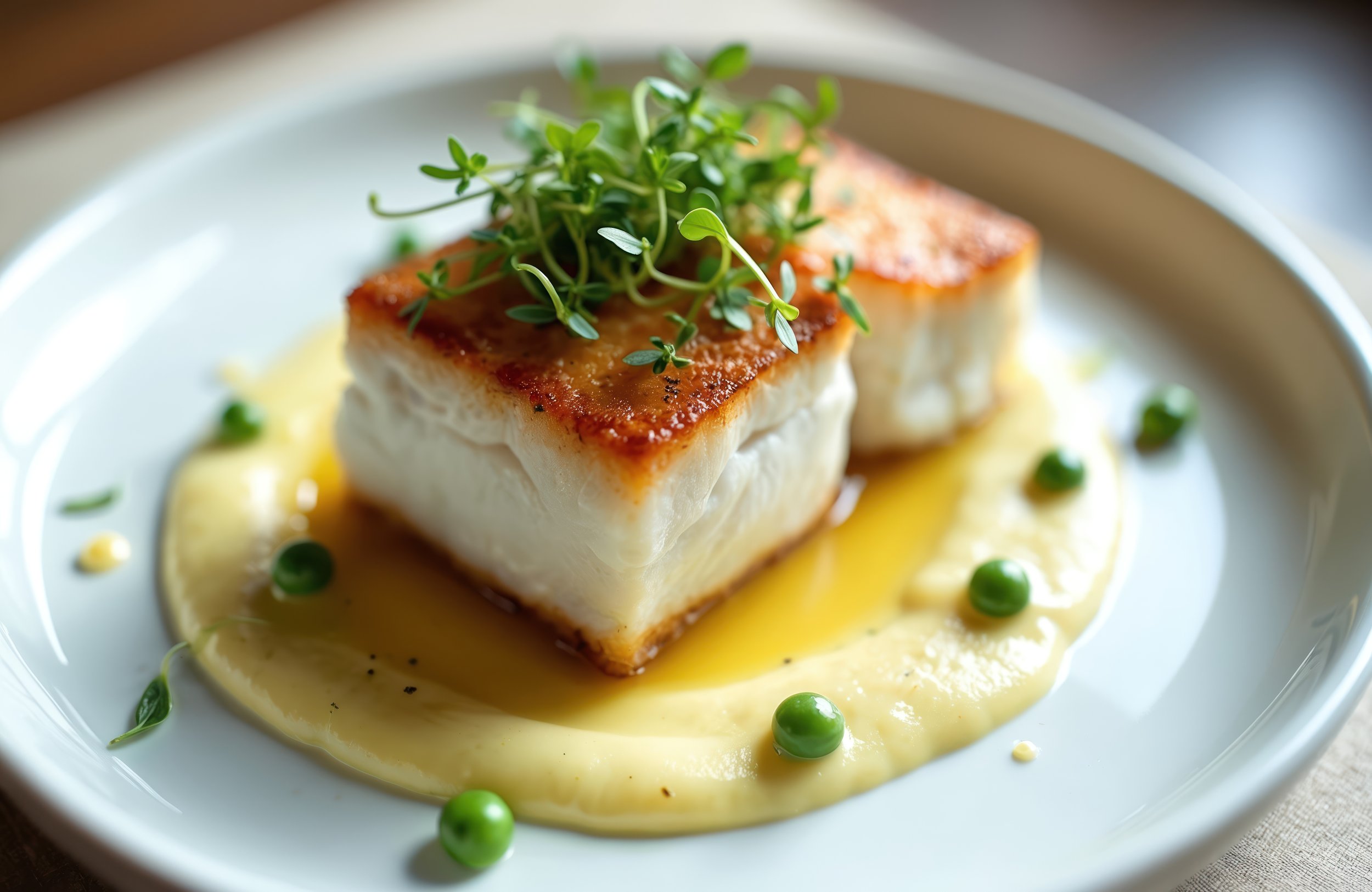Image of a gourmet white fish dish with green sprout, yellow sauce and green pea garnishes.