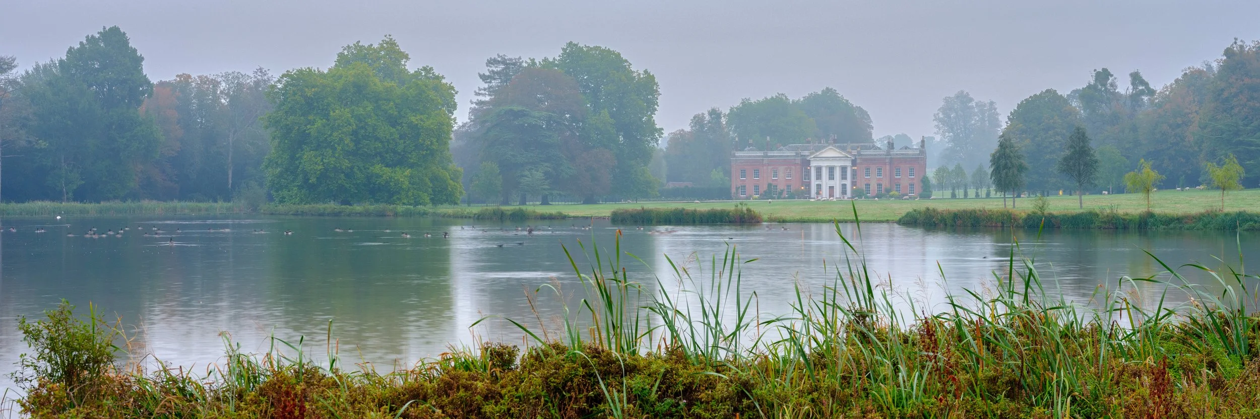 Photo of a pond and a mansion house in the distance.
