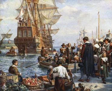Painting of colonial ships, provisions and colonists in smaller boats.