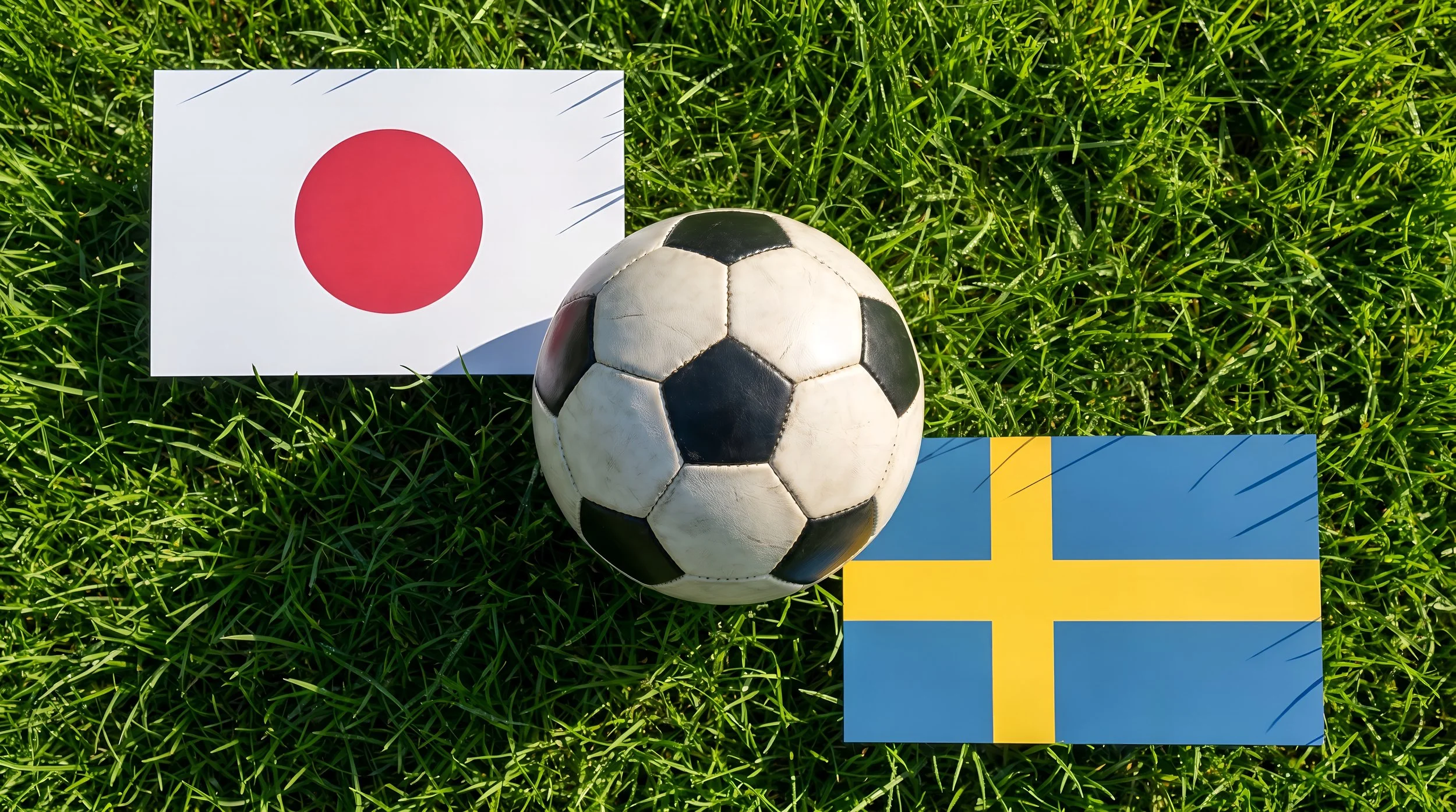 Photo of Japanese and Swedish flags on diagonal with black and white soccer ball on green grass.