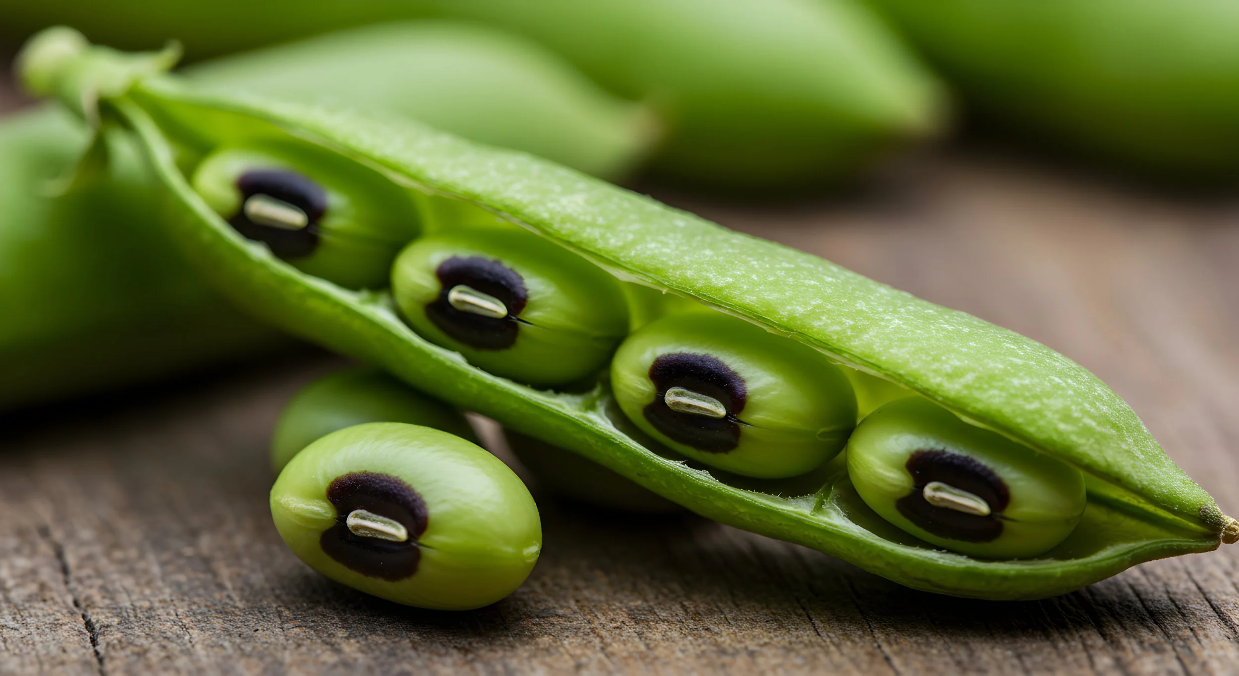 Extreme close up of freshly picked black-eyed peas still in the pod.