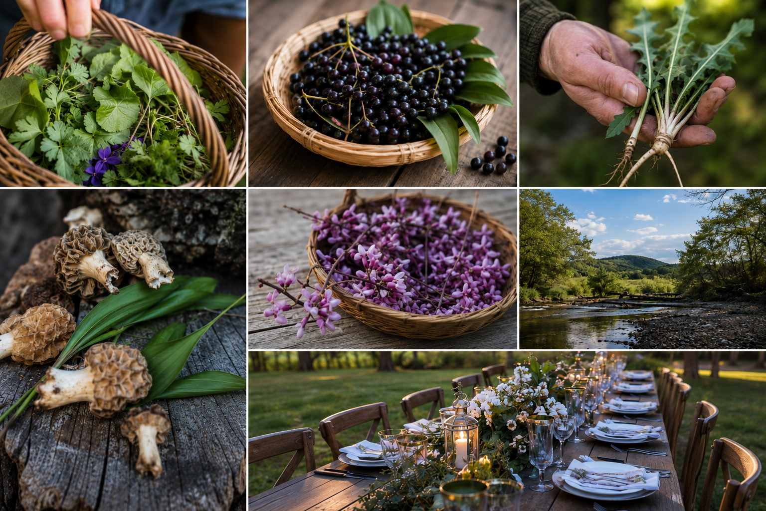 Multiple photographs of foraged ingredients like mushrooms. Image of a set long table and stream.