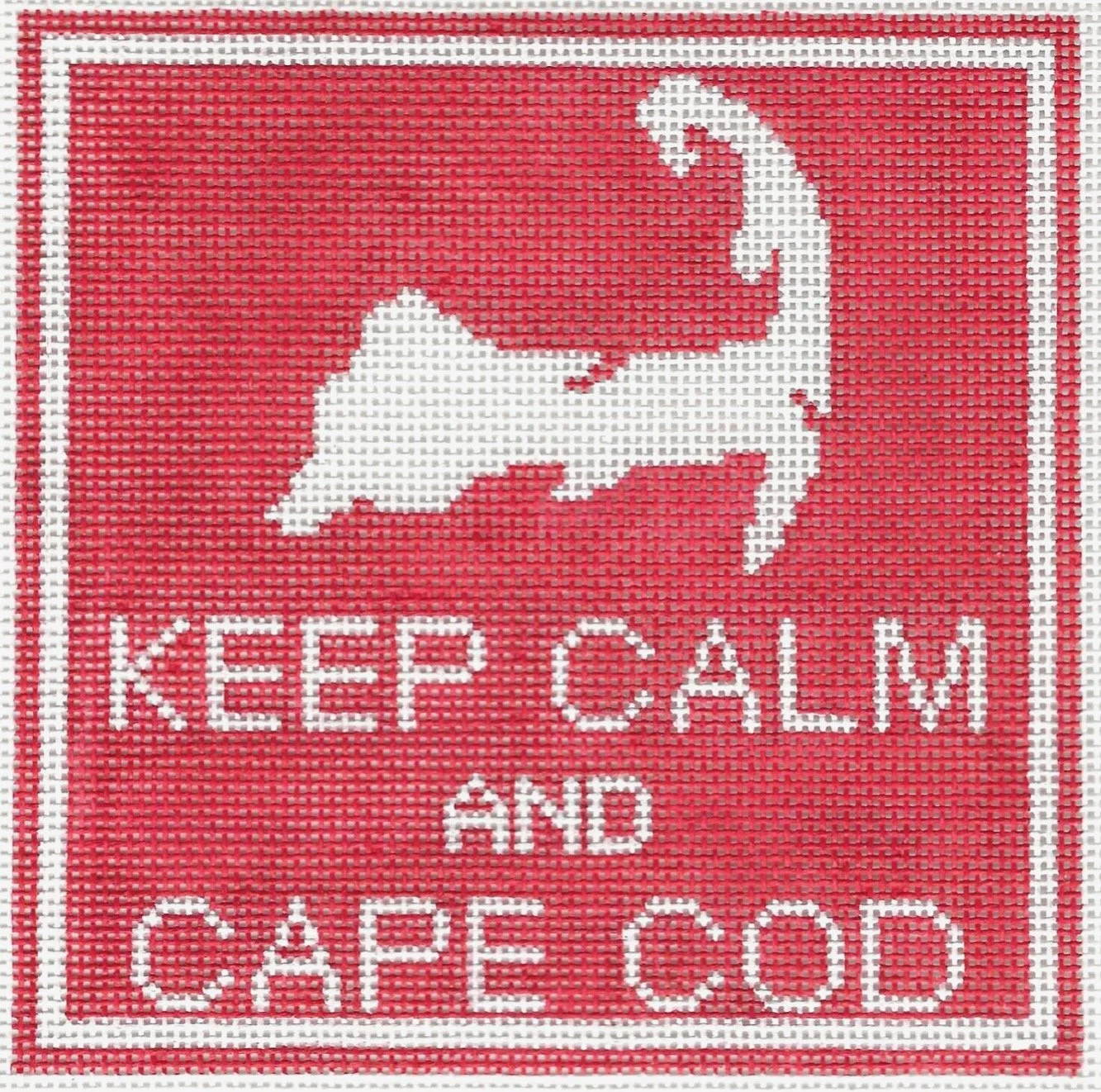 Red sign with a white outline of cape code and text reads: "KEEP CALM AND CAPE COD".