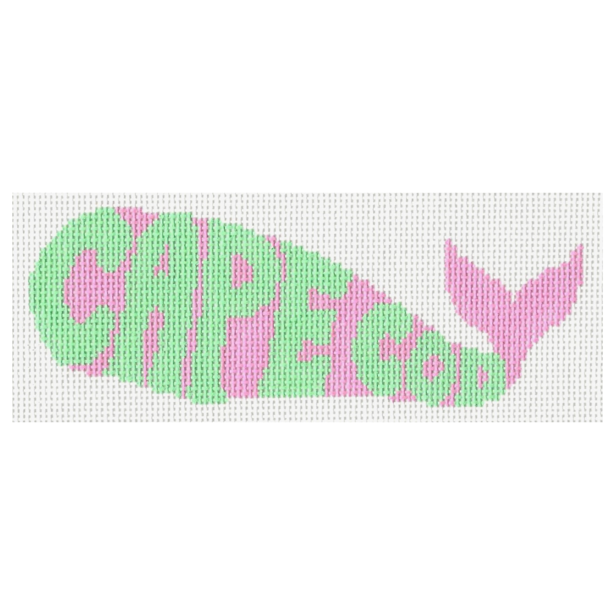 Needlepoint design spelling "Cape Cod" with a whale tail design in pink and green on white background.