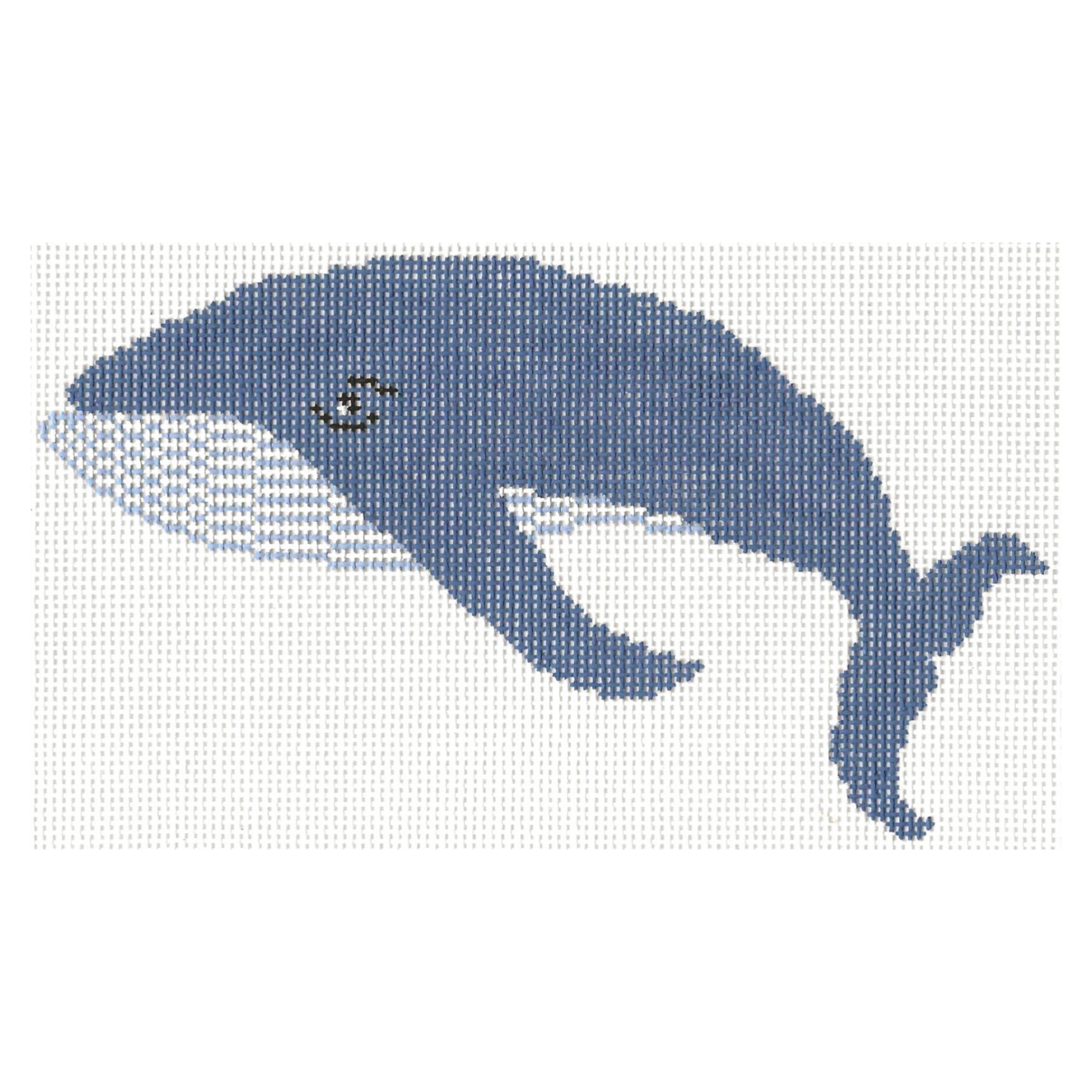 Needlepoint design of a blue whale with a white underbelly, on a white fabric background.